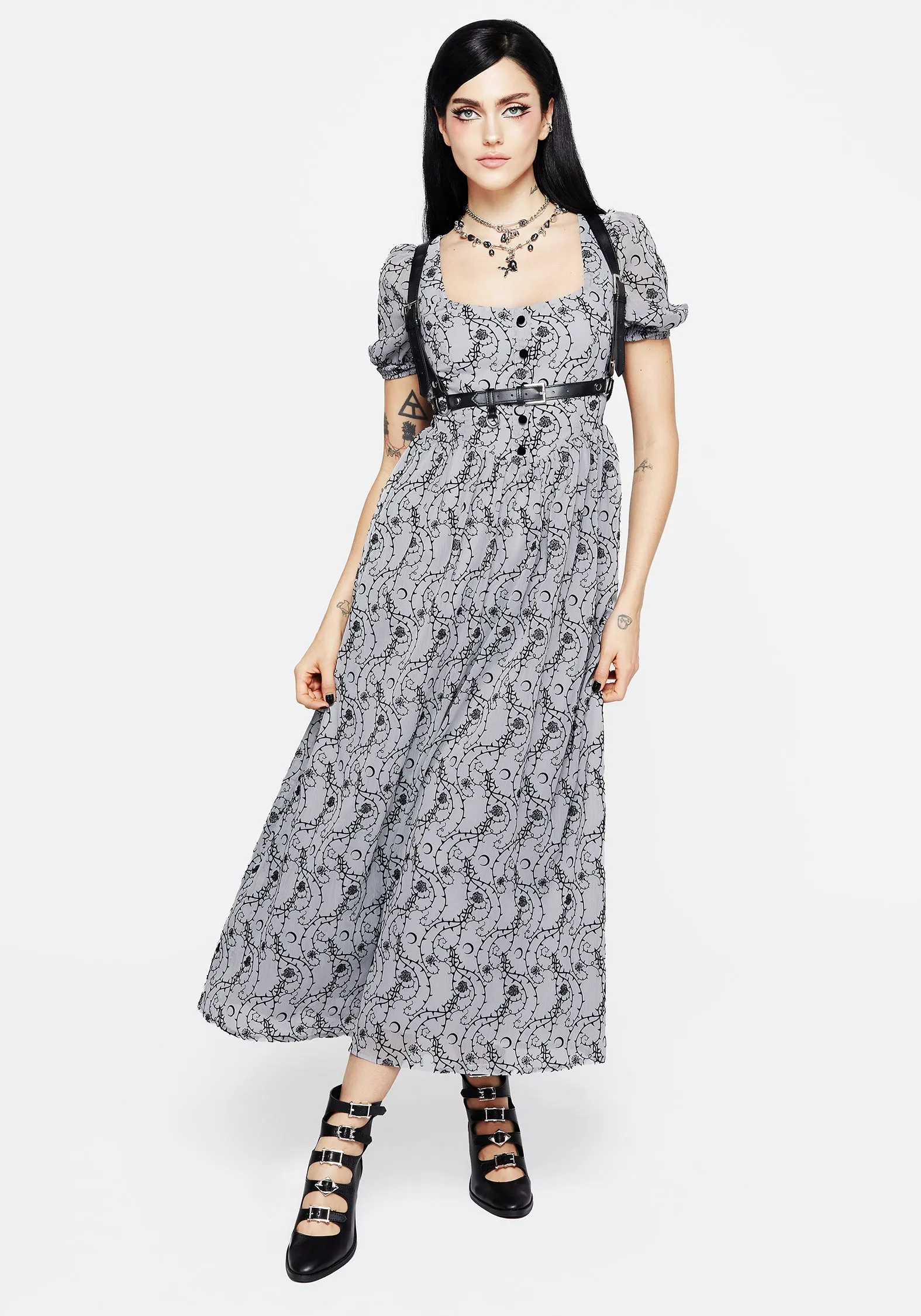 Rosethorn Flocked Velour Puff Sleeve Midaxi Dress - Blue sold by Disturbia