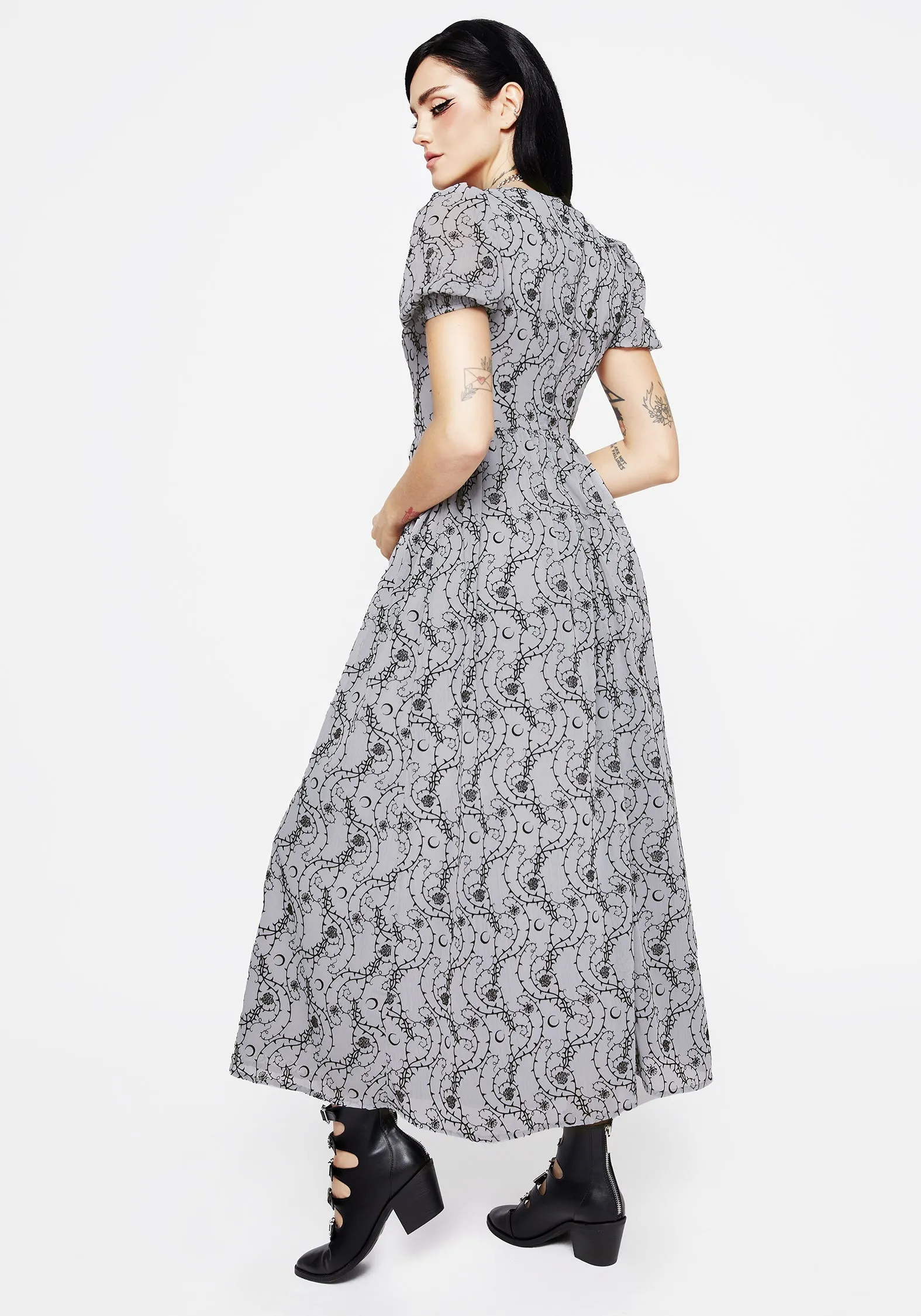 Rosethorn Flocked Velour Puff Sleeve Midaxi Dress - Blue sold by Disturbia product image thumbnail 3