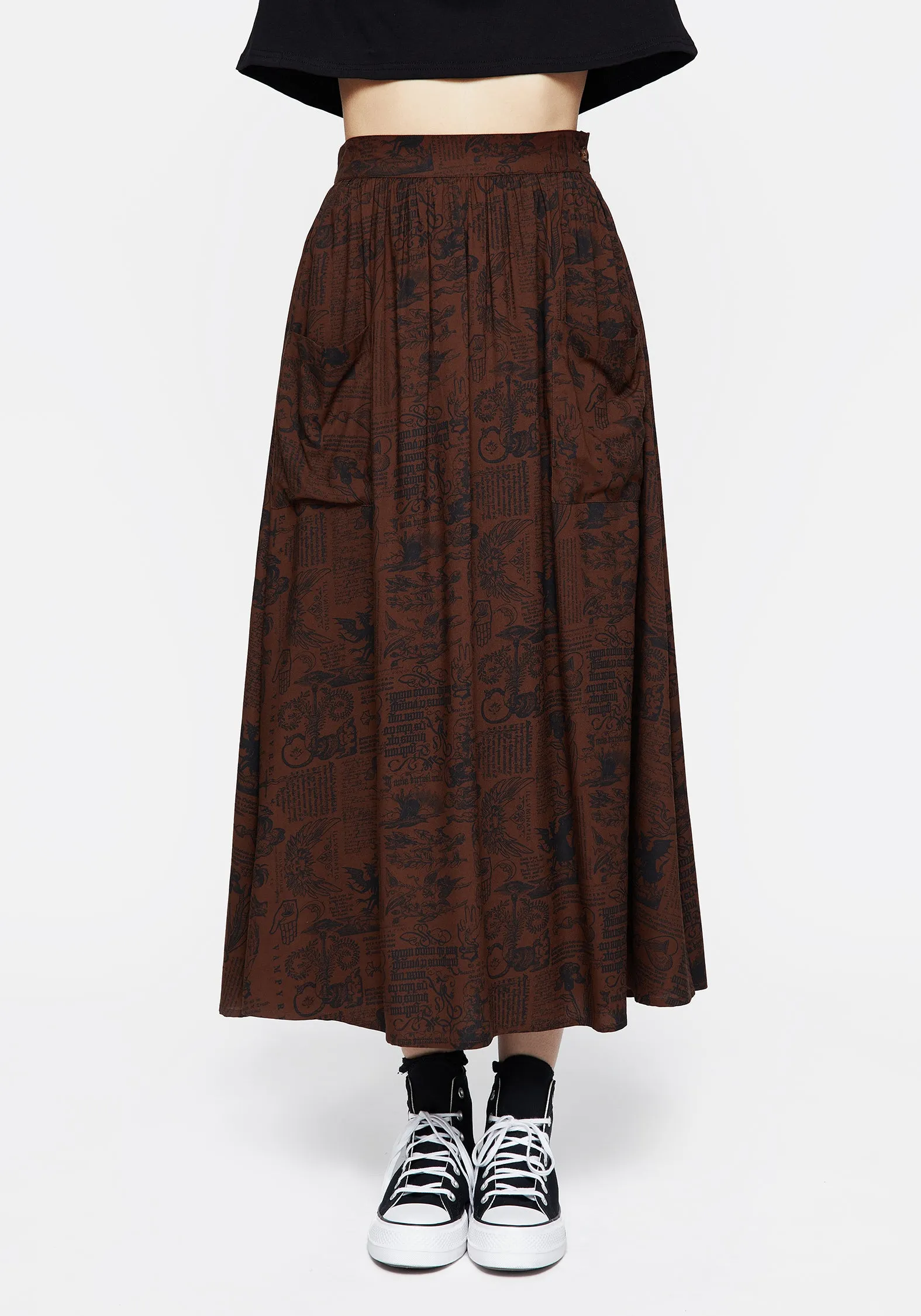 Daemonologie Woodcut Print Midaxi Skirt sold by Disturbia