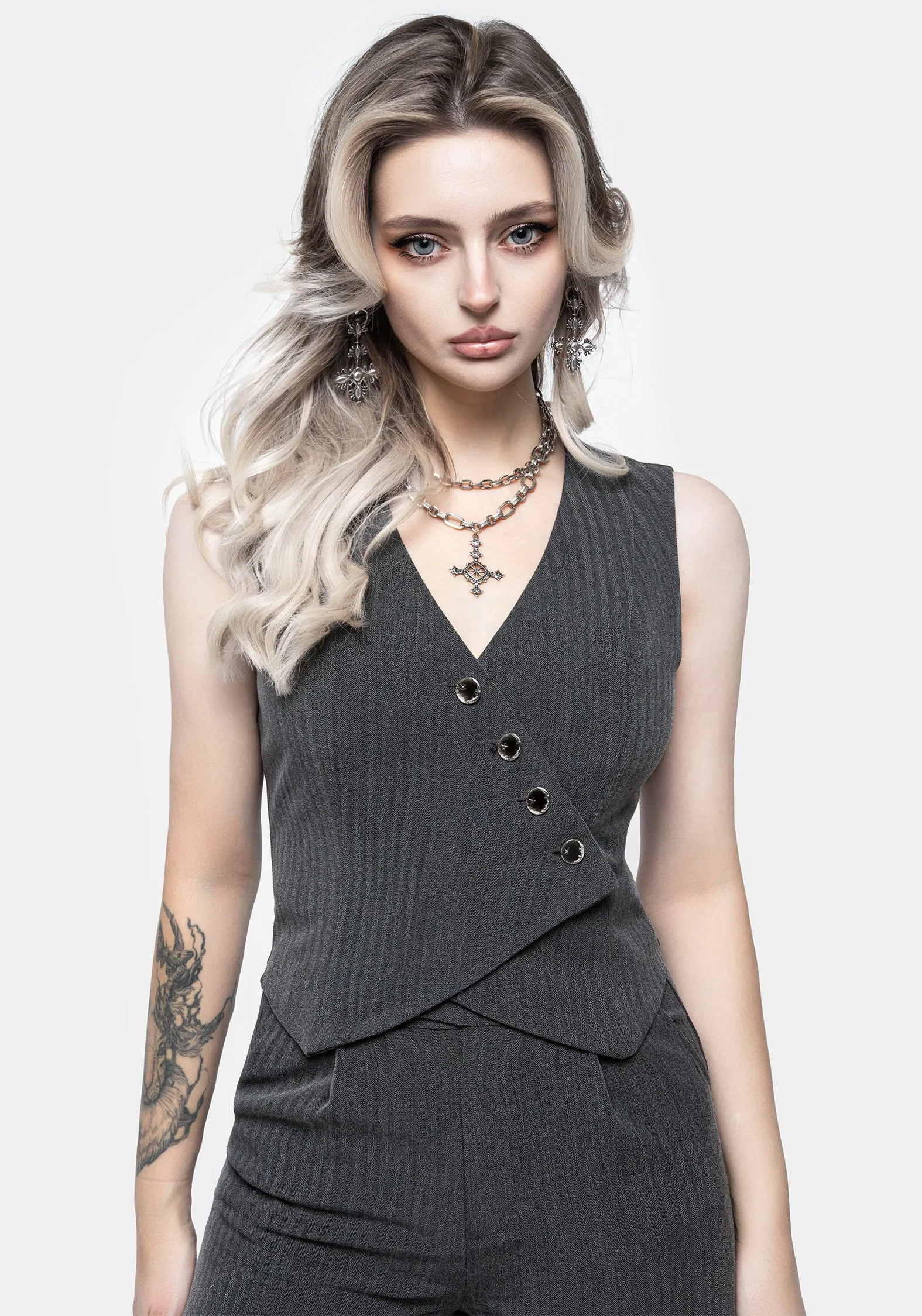 Moonage Herringbone Asymmetric Waistcoat - Grey sold by Disturbia