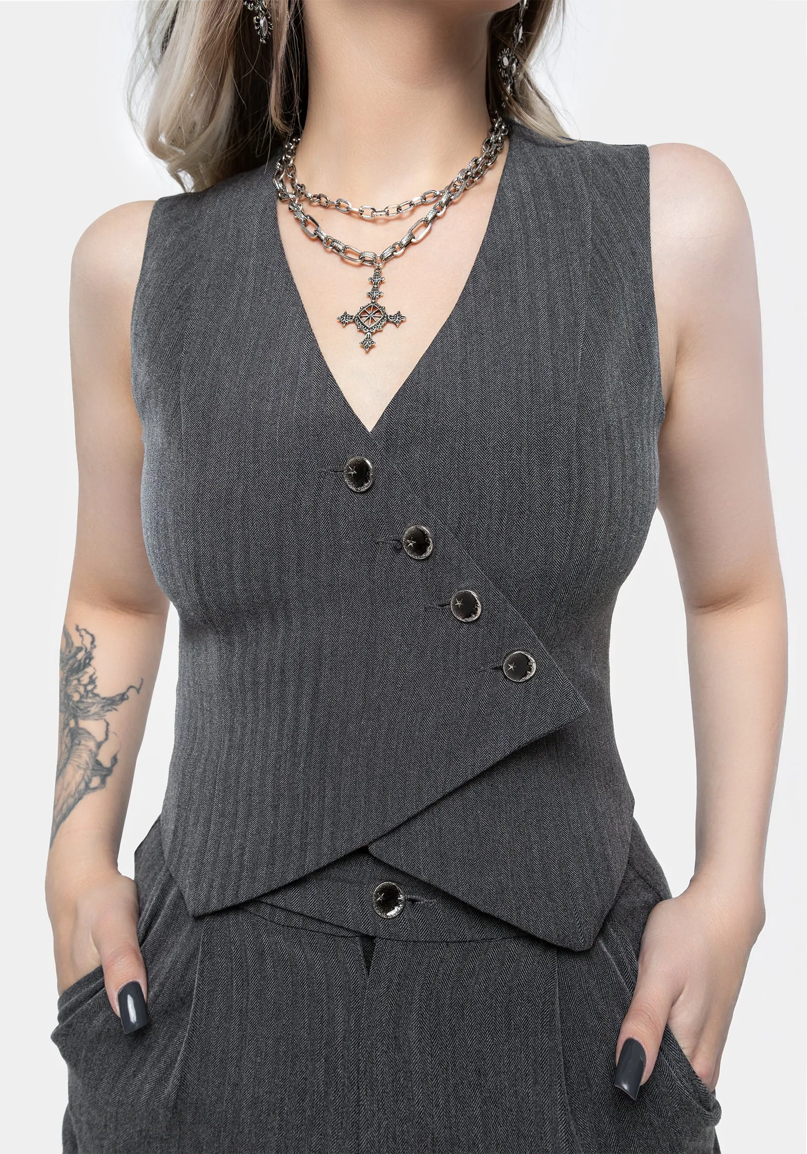 Moonage Herringbone Asymmetric Waistcoat - Grey sold by Disturbia product image thumbnail 5