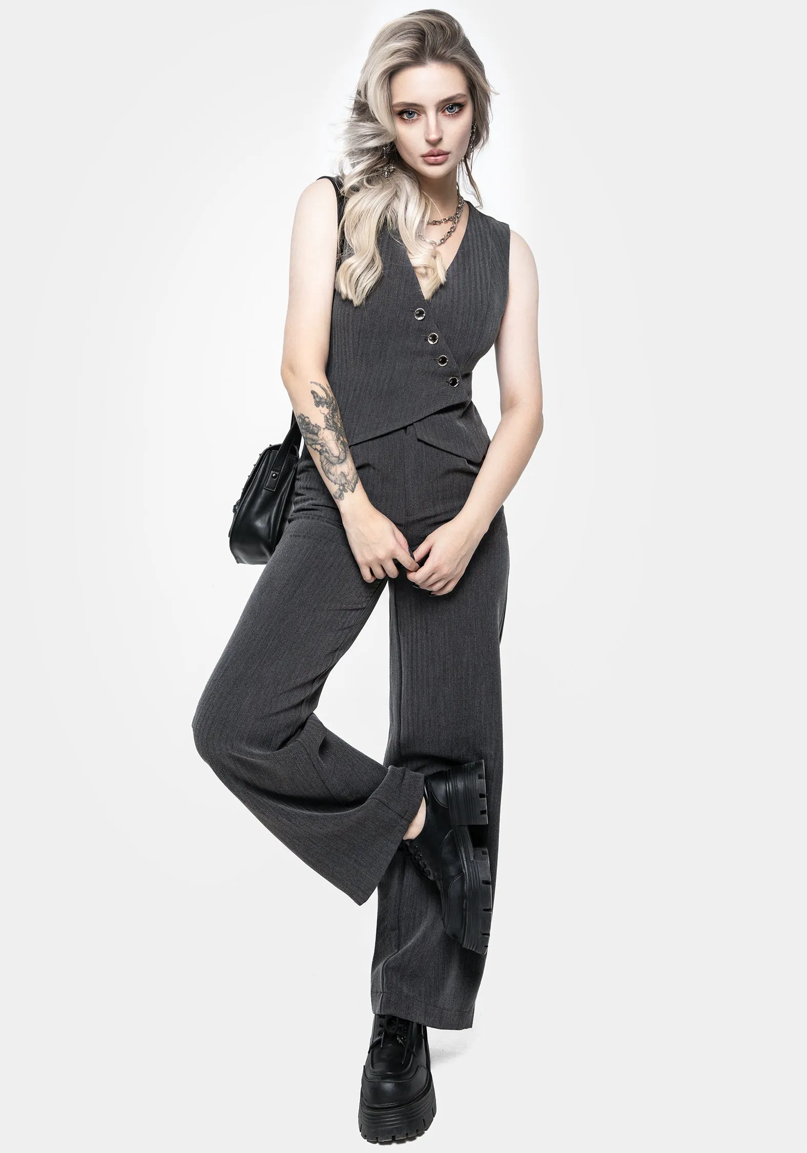 Moonage Herringbone Asymmetric Waistcoat - Grey sold by Disturbia product image thumbnail 4
