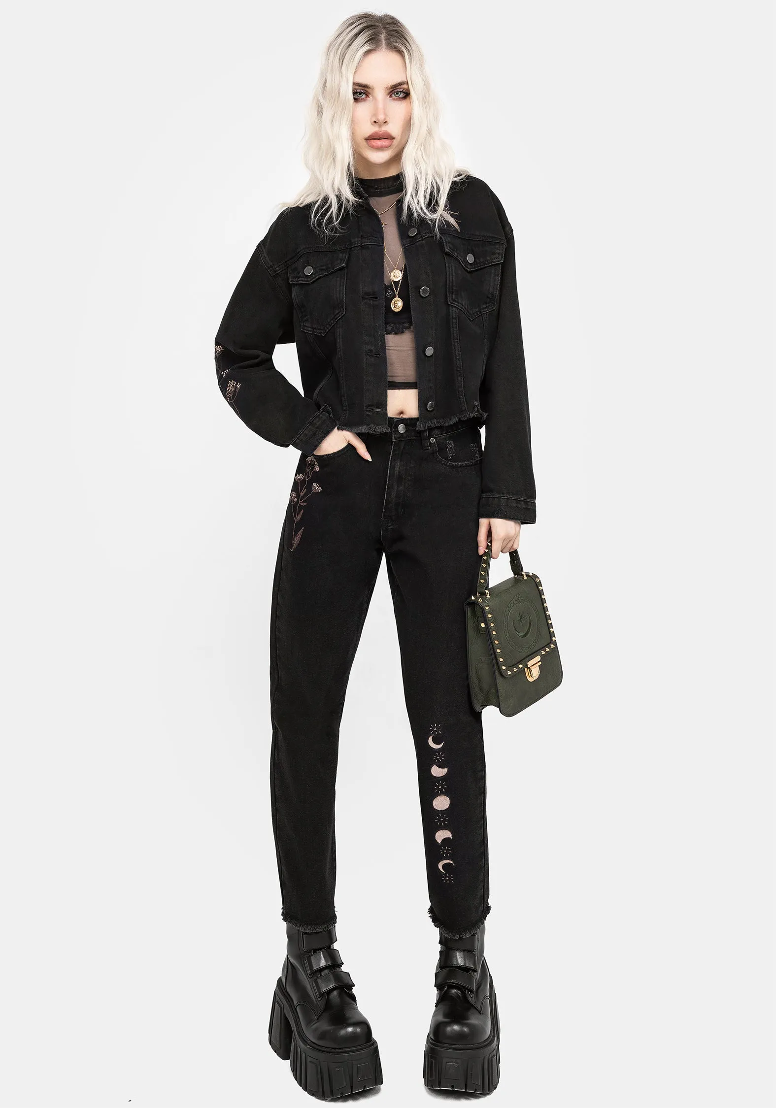 Griffinfly Embroidered Distressed Denim Mom Jeans sold by Disturbia product image thumbnail 4