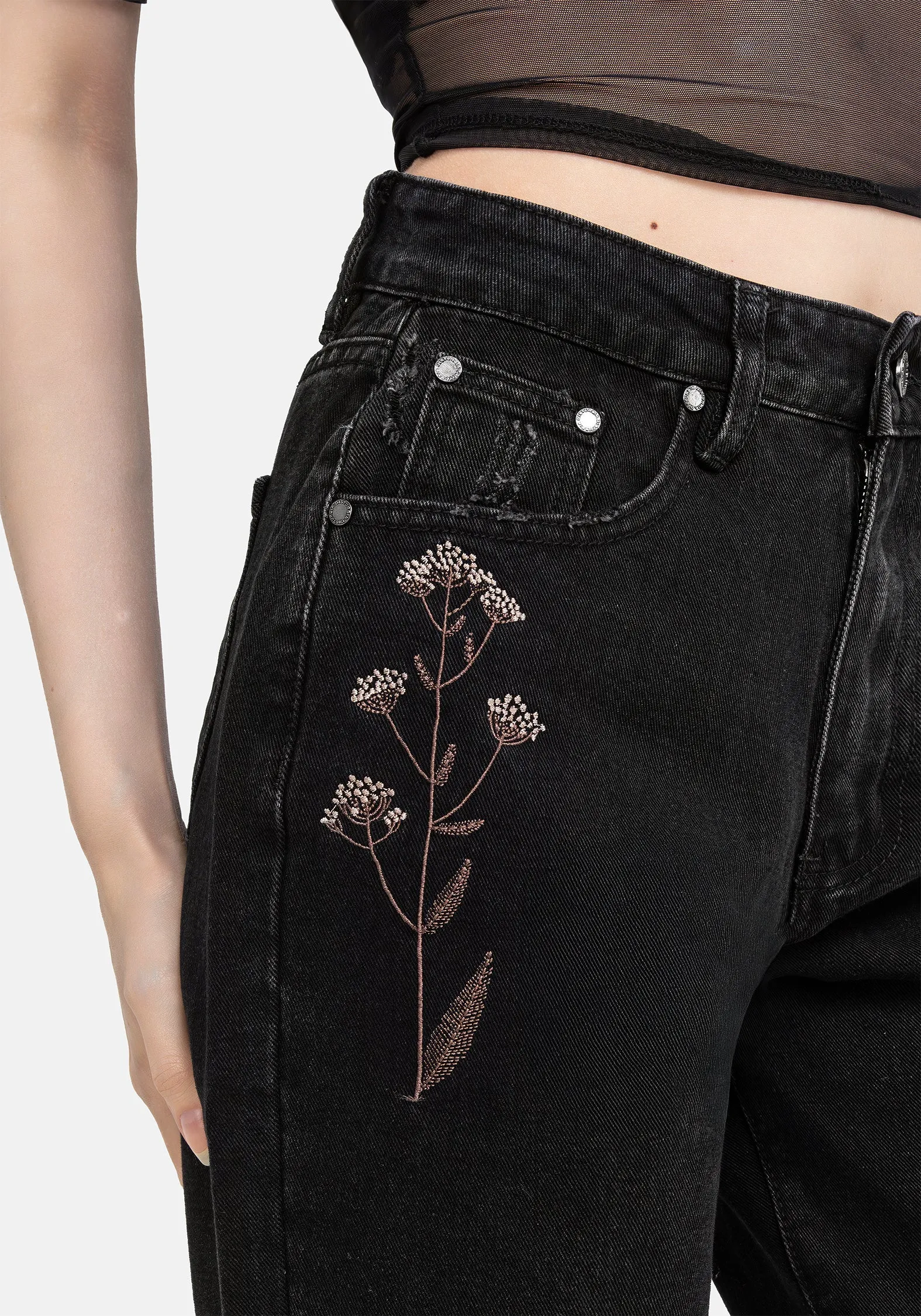 Griffinfly Embroidered Distressed Denim Mom Jeans sold by Disturbia product image thumbnail 2