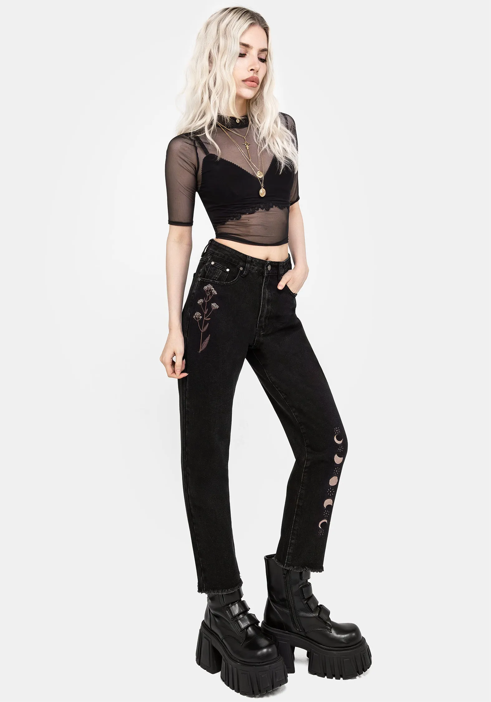 Griffinfly Embroidered Distressed Denim Mom Jeans sold by Disturbia product image thumbnail 5