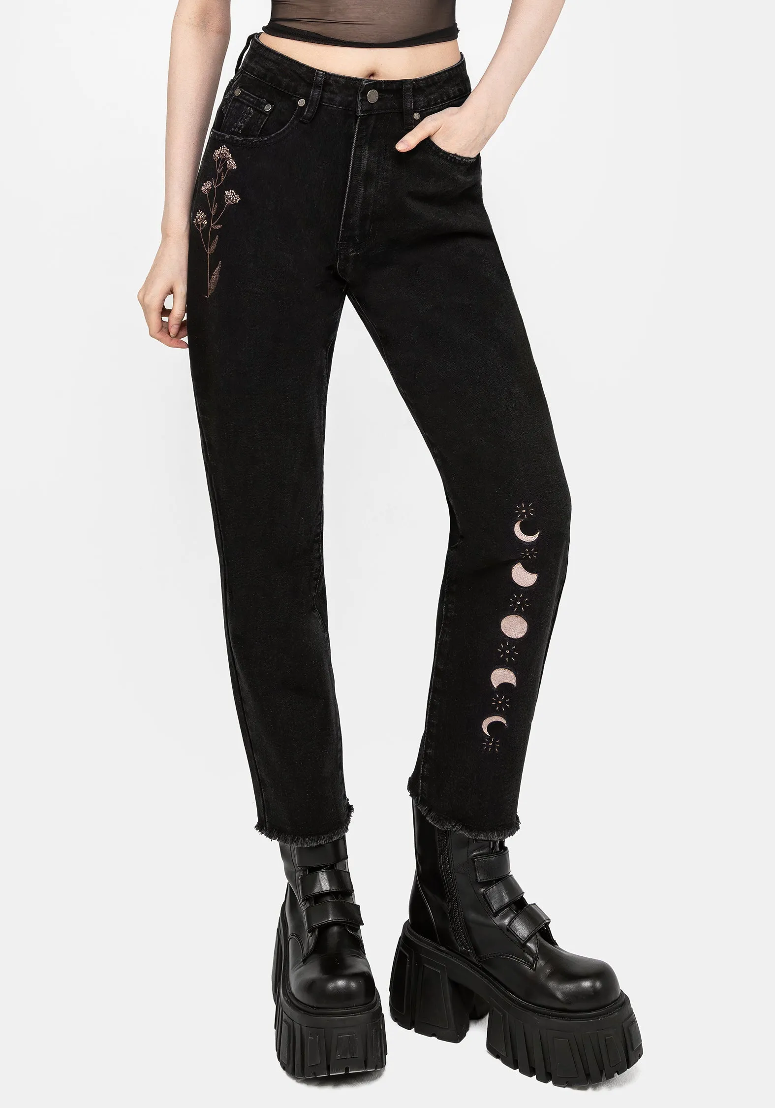 Griffinfly Embroidered Distressed Denim Mom Jeans sold by Disturbia