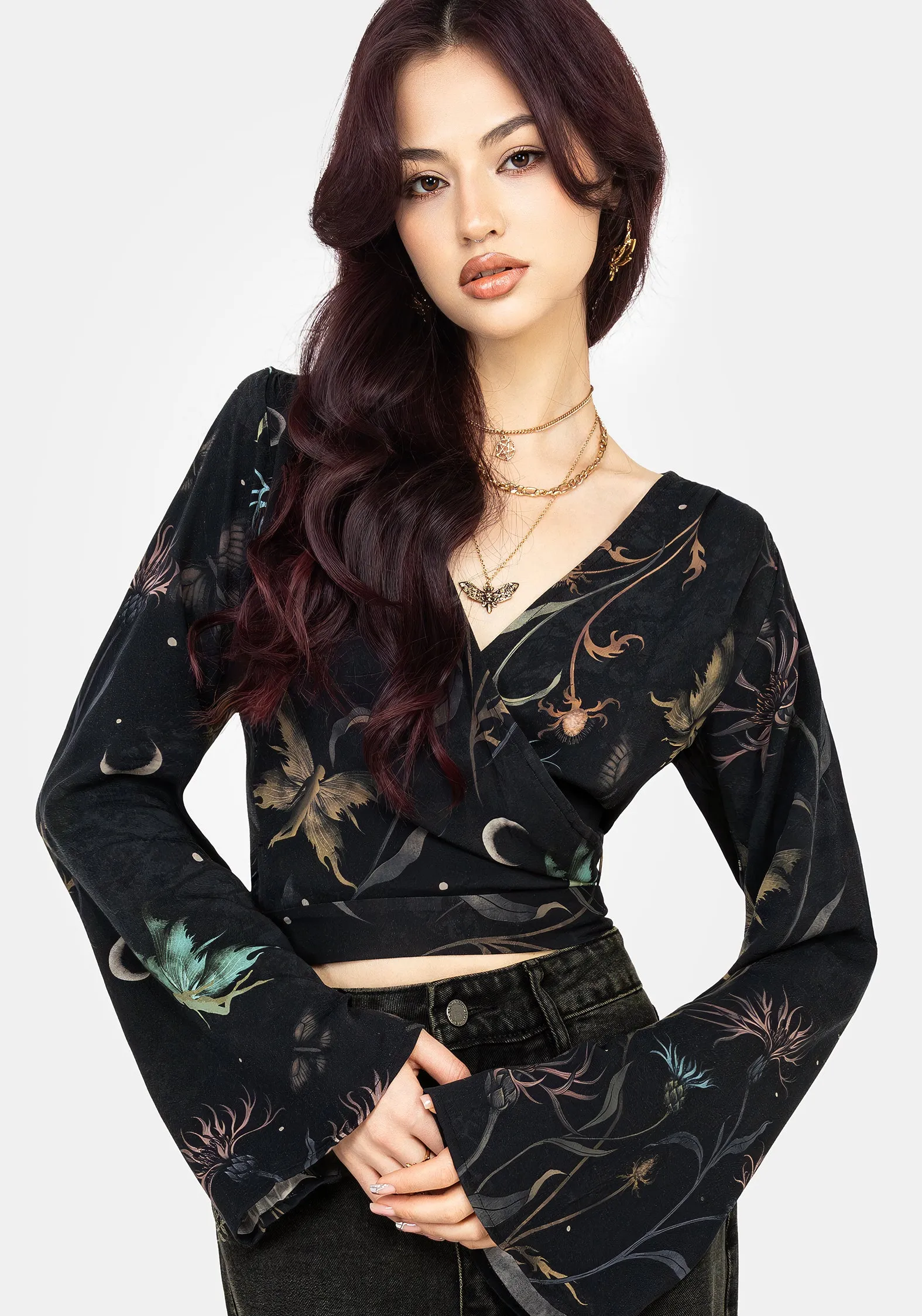 Rosanella Floral Print Flare Sleeve Wrap Top sold by Disturbia