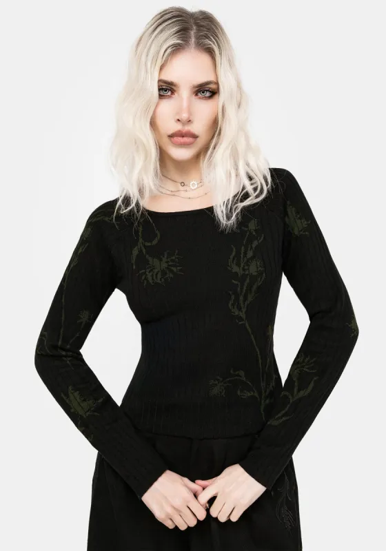 Diastella Floral Jacquard Rib Knit Raglan Sleeve Top - Black sold by Disturbia