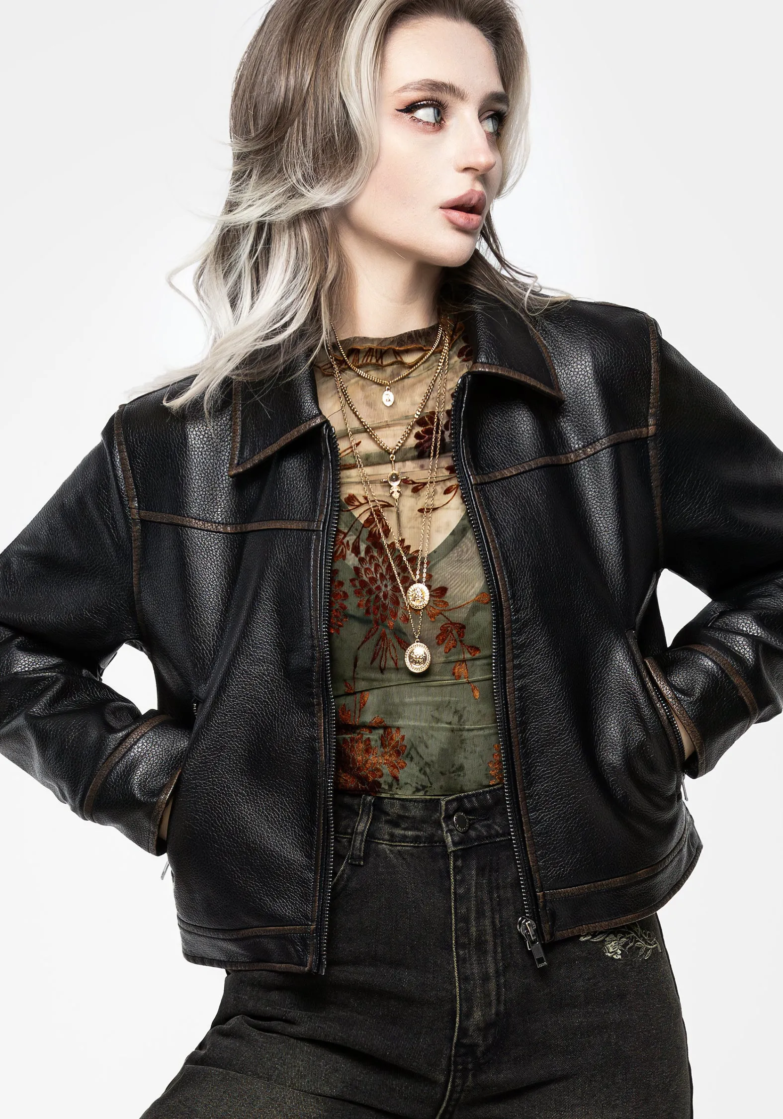Ermania Crop PU Leather Jacket sold by Disturbia