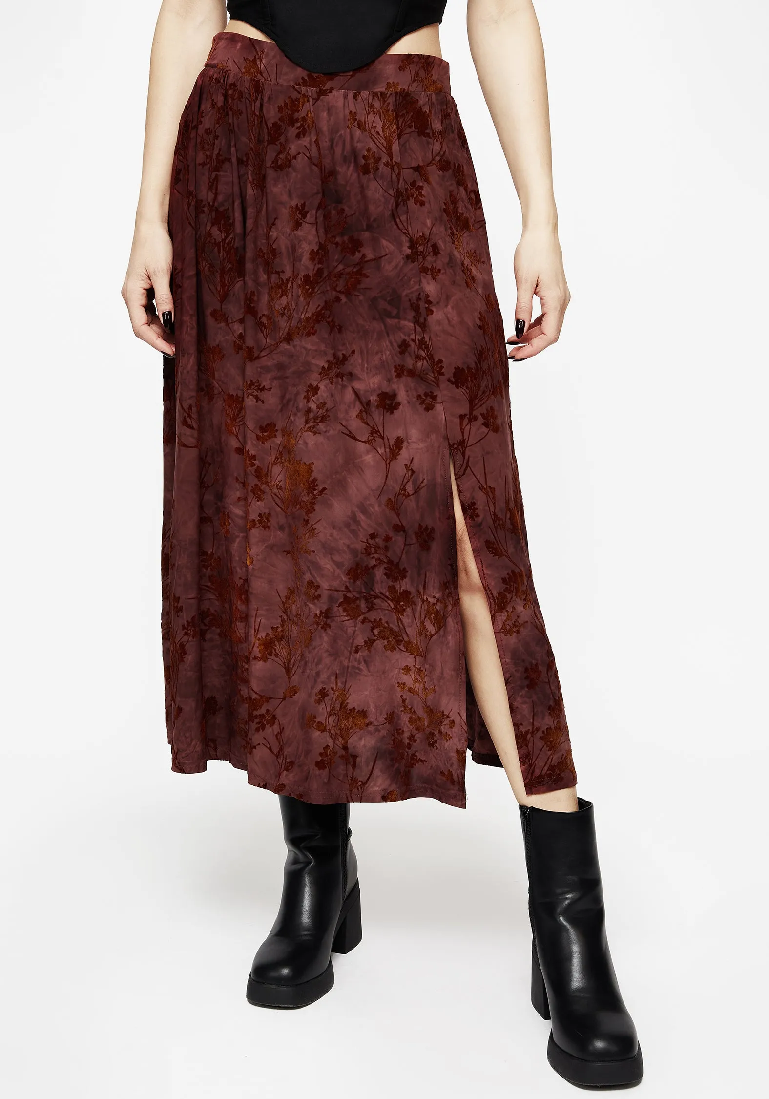 Wytchelm Floral Flocked Velour Midaxi Skirt - Red sold by Disturbia