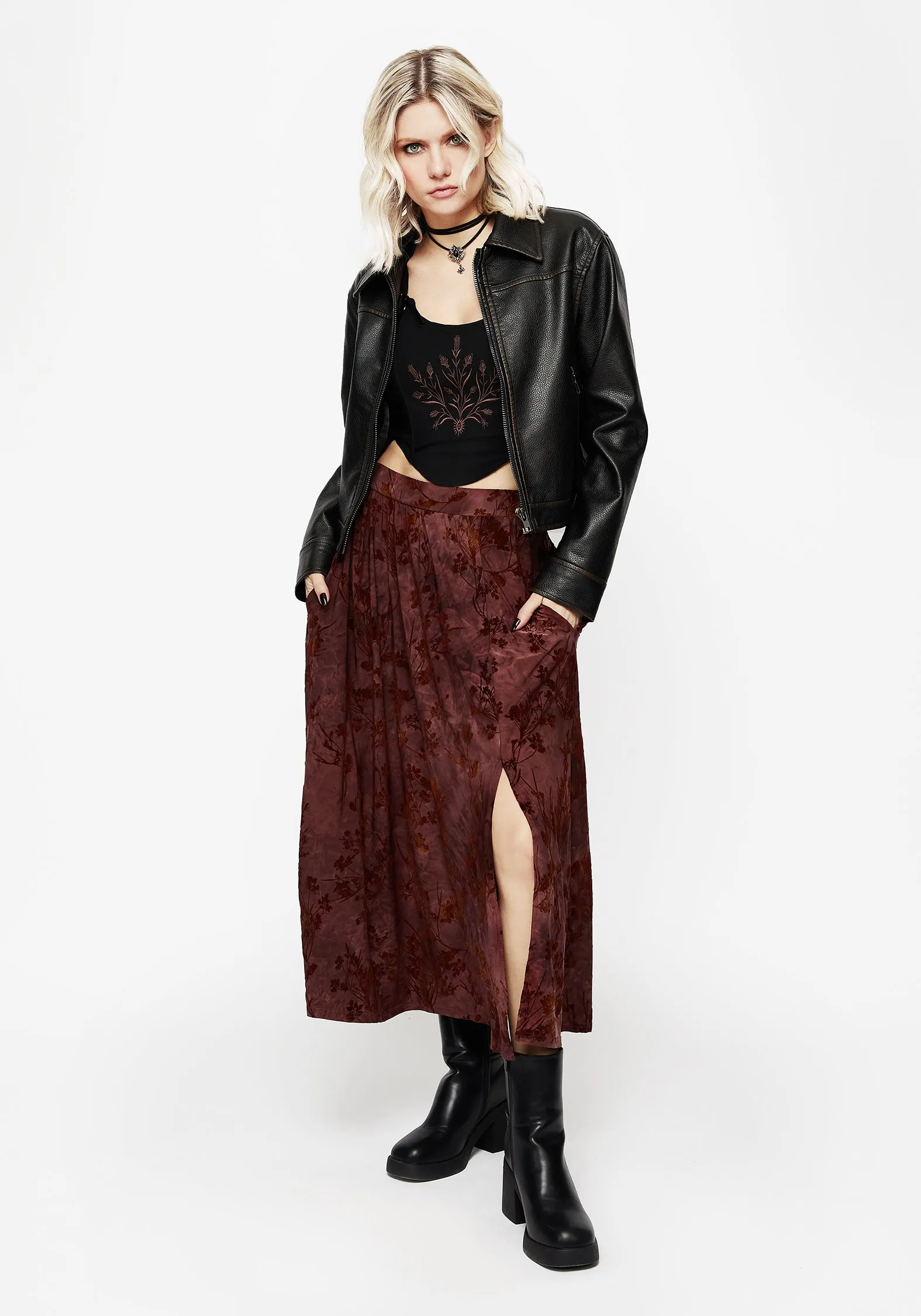 Wytchelm Floral Flocked Velour Midaxi Skirt - Red sold by Disturbia product image thumbnail 5
