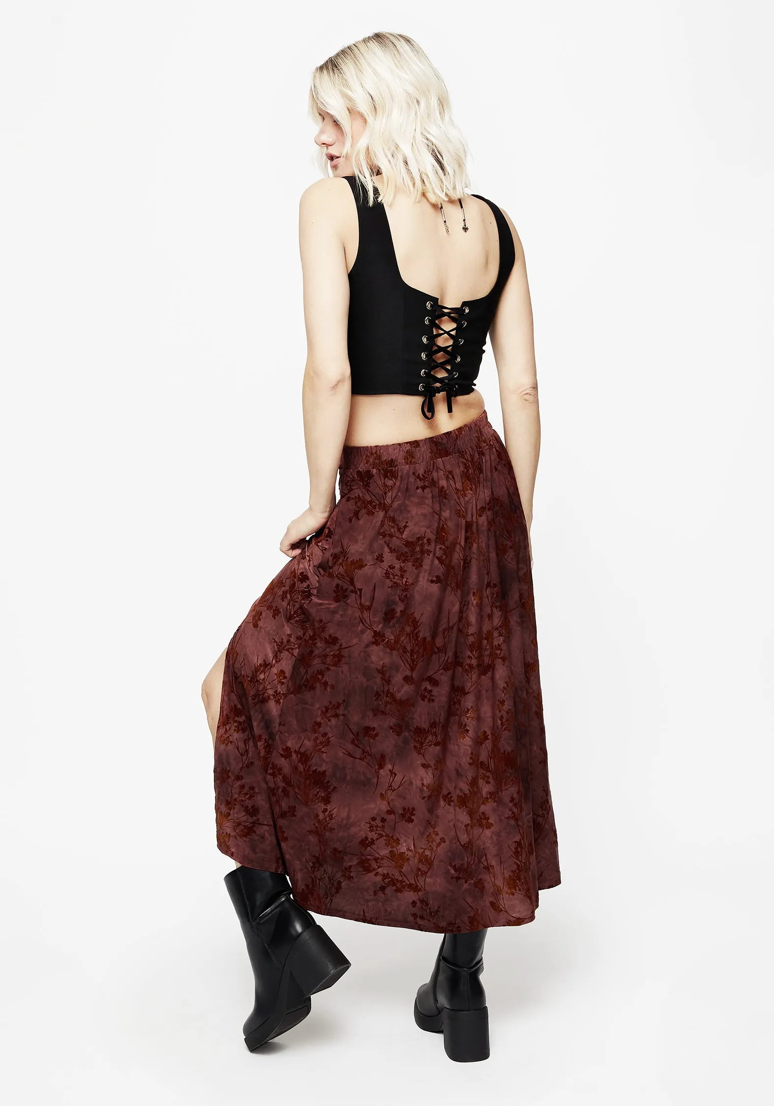 Wytchelm Floral Flocked Velour Midaxi Skirt - Red sold by Disturbia product image thumbnail 3