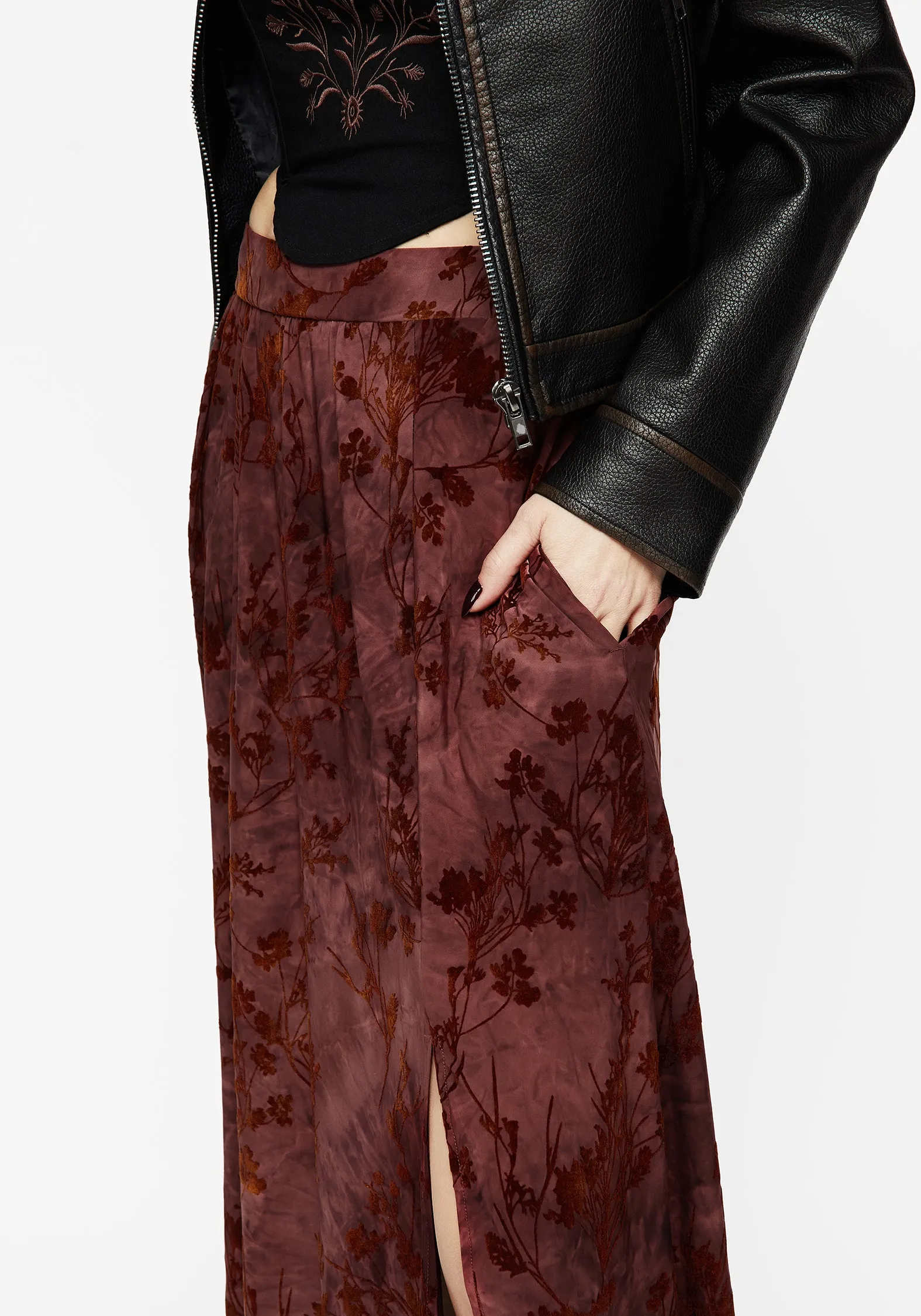 Wytchelm Floral Flocked Velour Midaxi Skirt - Red sold by Disturbia product image thumbnail 2