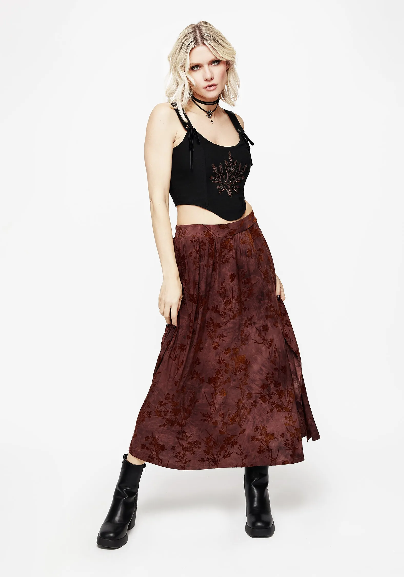 Wytchelm Floral Flocked Velour Midaxi Skirt - Red sold by Disturbia product image thumbnail 4
