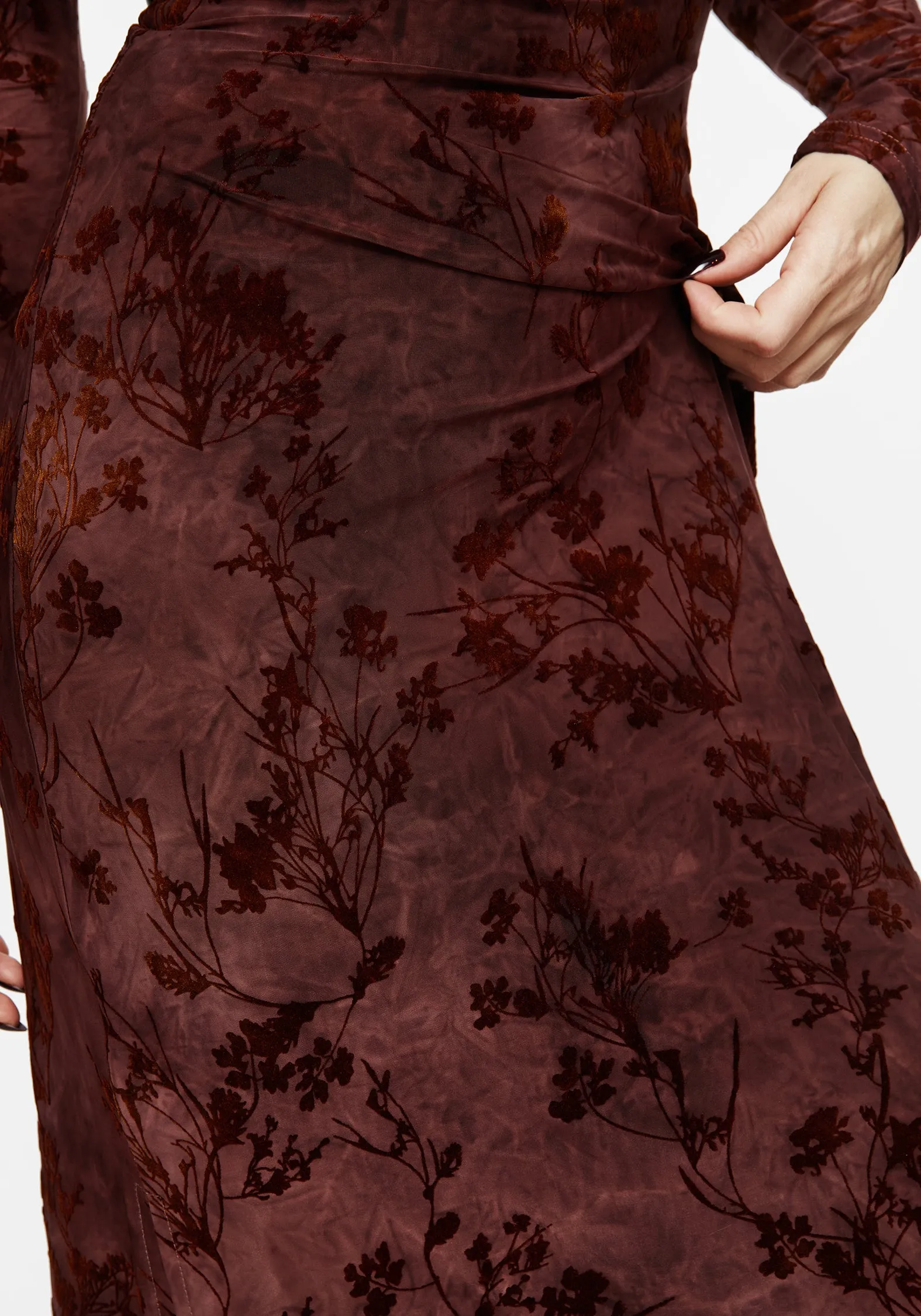 Wytchelm Flocked Velour Mesh Midaxi Dress - Red sold by Disturbia product image thumbnail 2