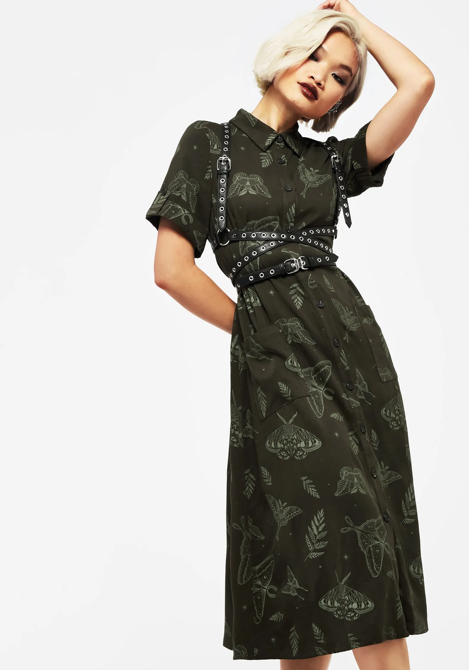 Callopistria Moth Print Midi Shirt Dress - Green sold by Disturbia product image thumbnail 4