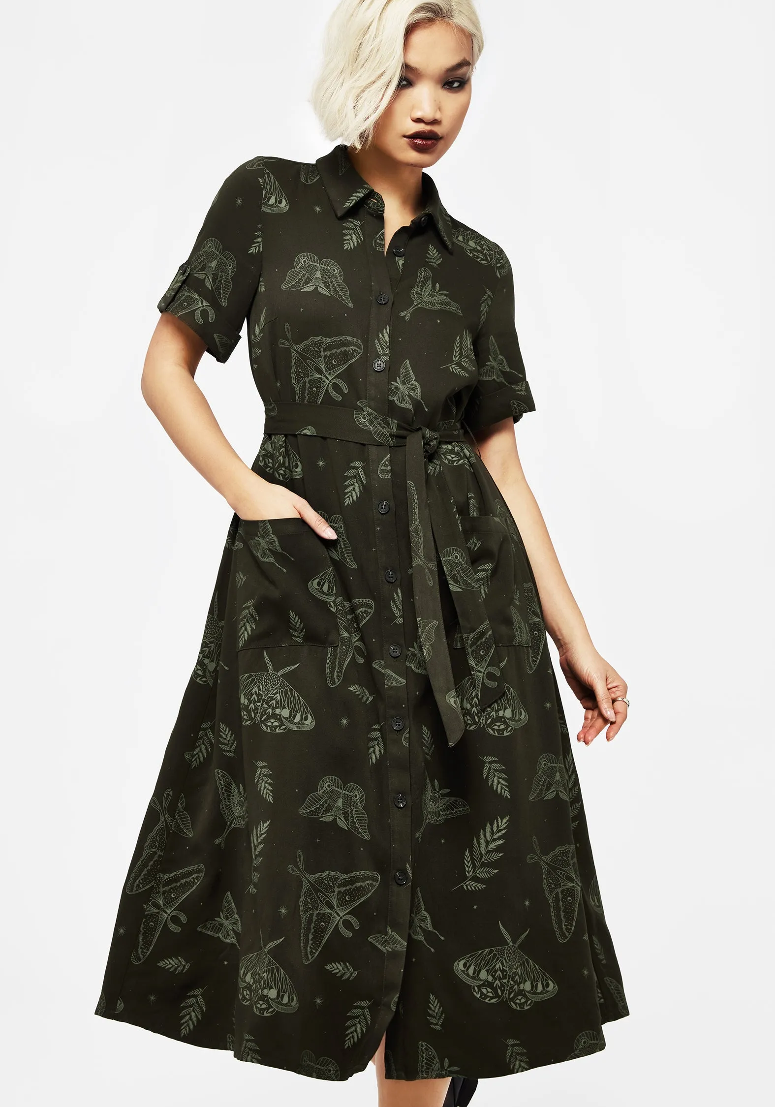 Callopistria Moth Print Midi Shirt Dress - Green sold by Disturbia