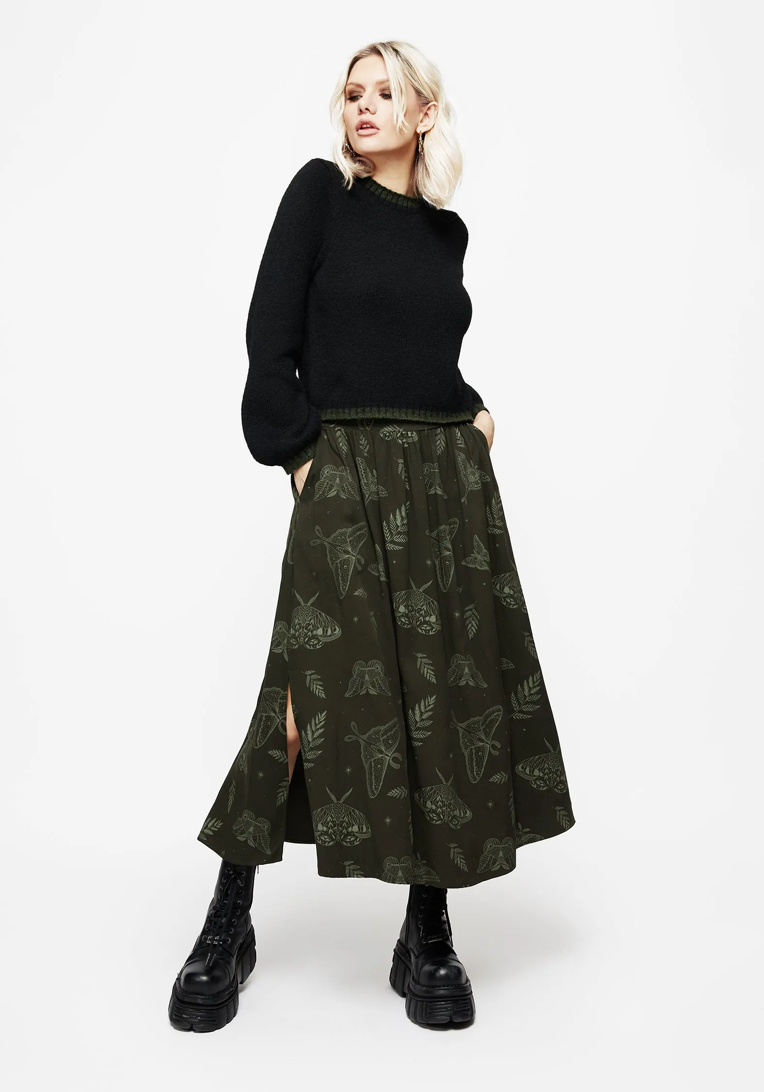 Callopistria Moth Print Midi Skirt - Green sold by Disturbia product image thumbnail 4
