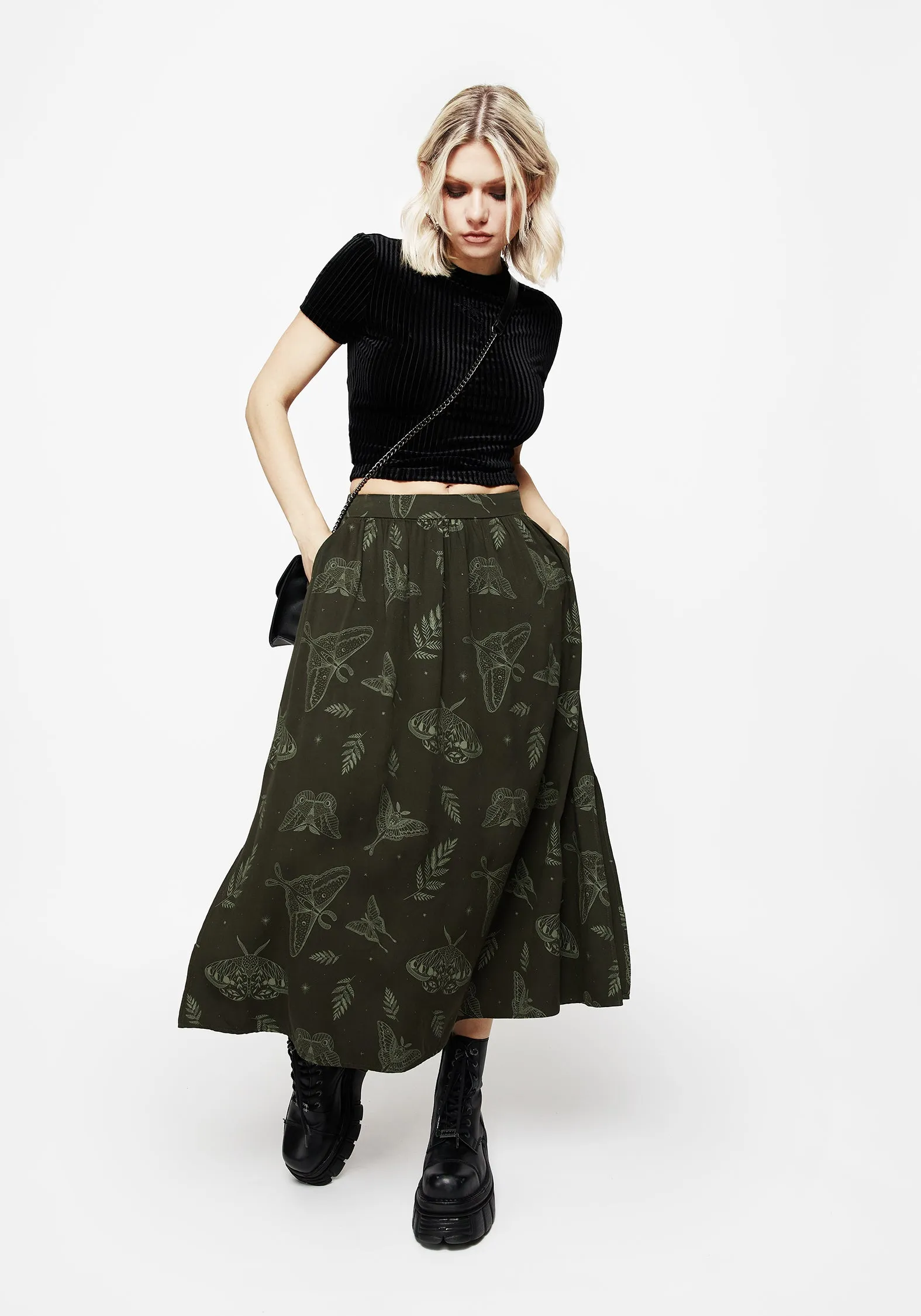 Callopistria Moth Print Midi Skirt - Green sold by Disturbia product image thumbnail 5