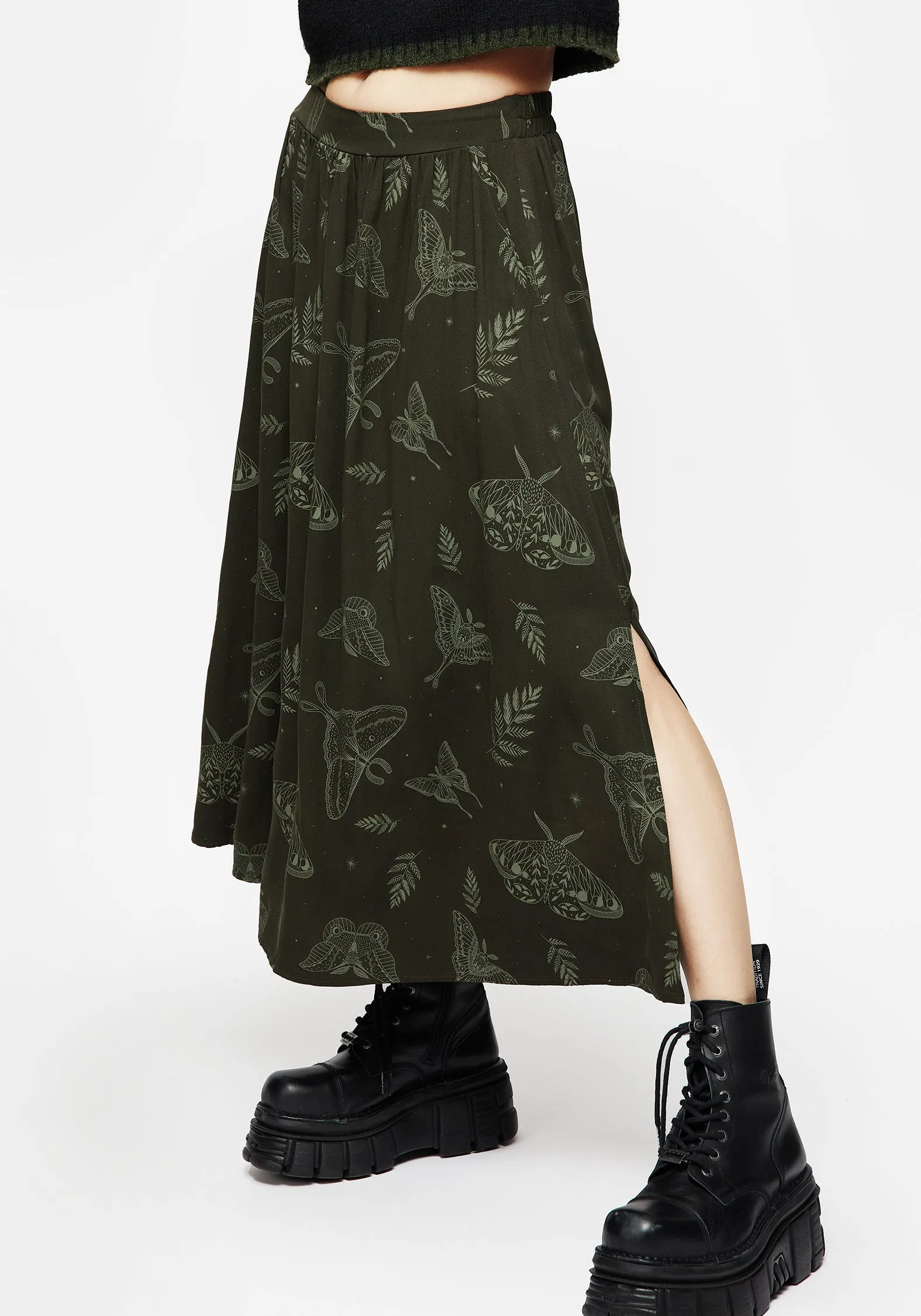 Callopistria Moth Print Midi Skirt - Green sold by Disturbia