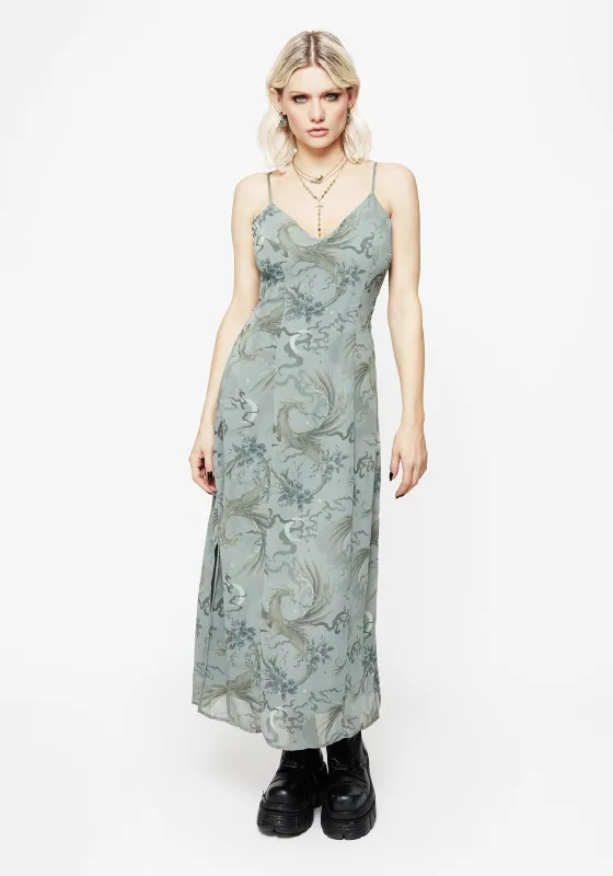 Sapphira Dragon Print Chiffon Midaxi Slip Dress sold by Disturbia