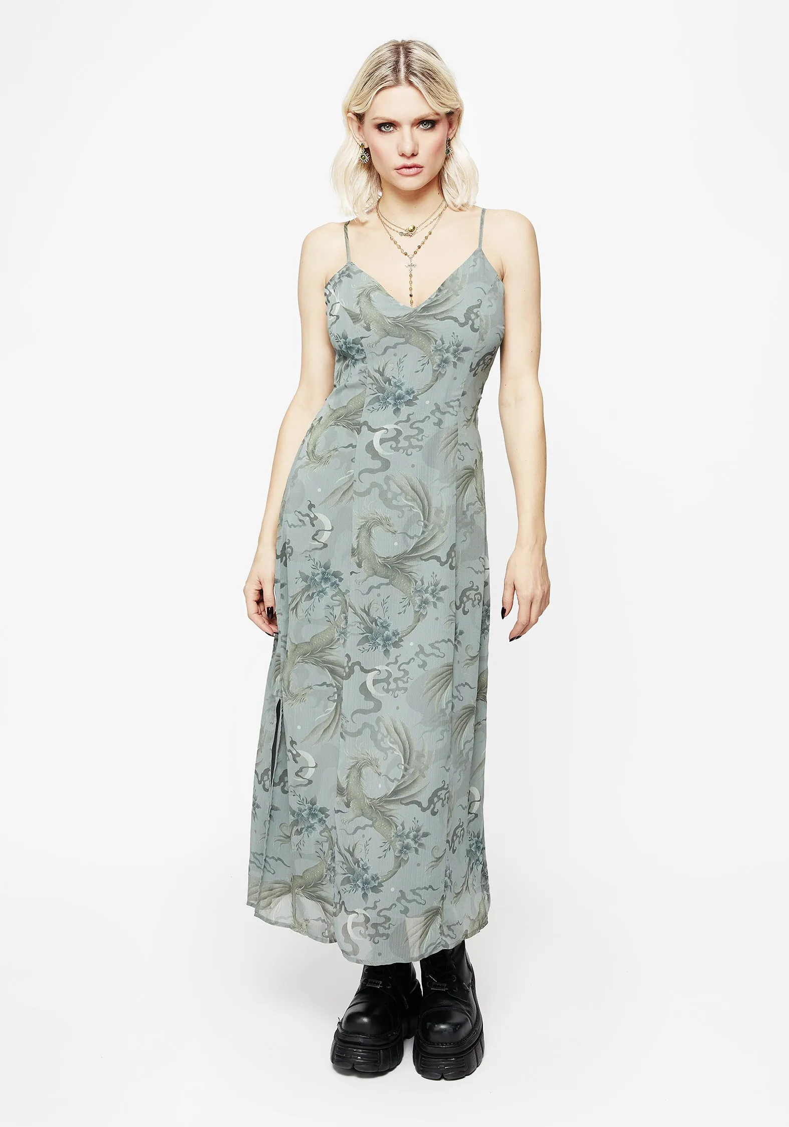 Sapphira Dragon Print Chiffon Midaxi Slip Dress sold by Disturbia