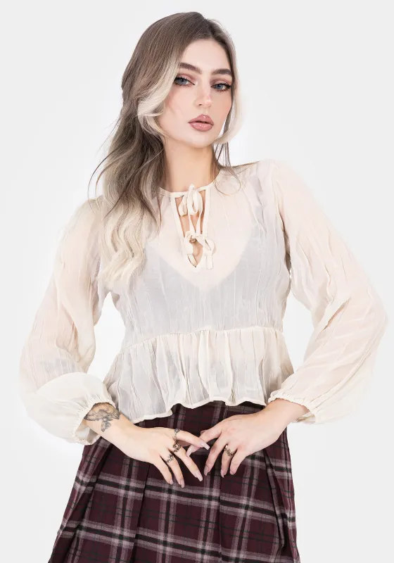 Villain Textured Tie Front Peplum Blouse - White sold by Disturbia