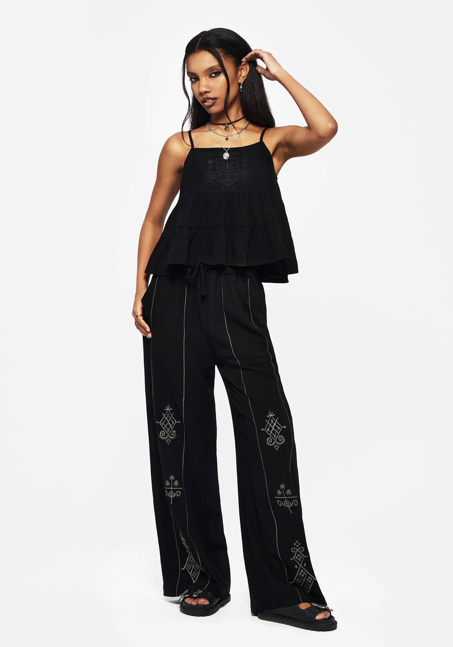 Cordata Linen-Blend Embroidered Tiered Cami Top - Black sold by Disturbia product image thumbnail 4