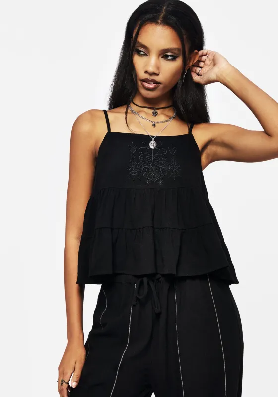 Cordata Linen-Blend Embroidered Tiered Cami Top - Black sold by Disturbia