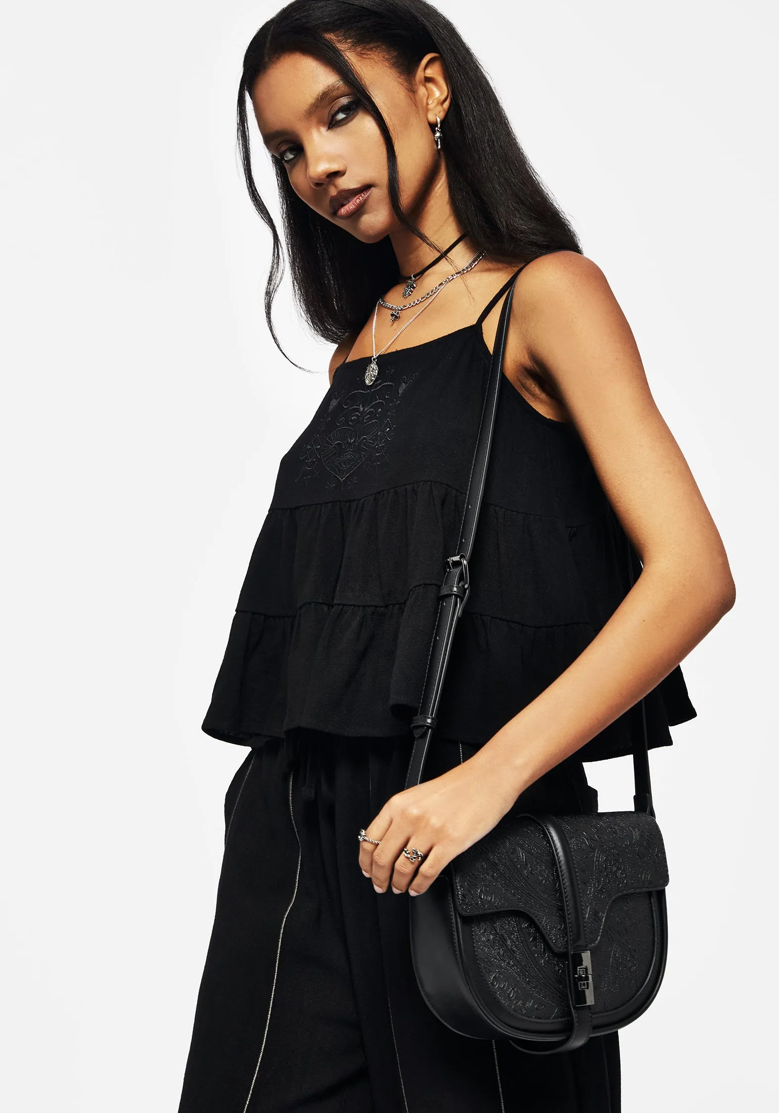 Cordata Linen-Blend Embroidered Tiered Cami Top - Black sold by Disturbia product image thumbnail 5