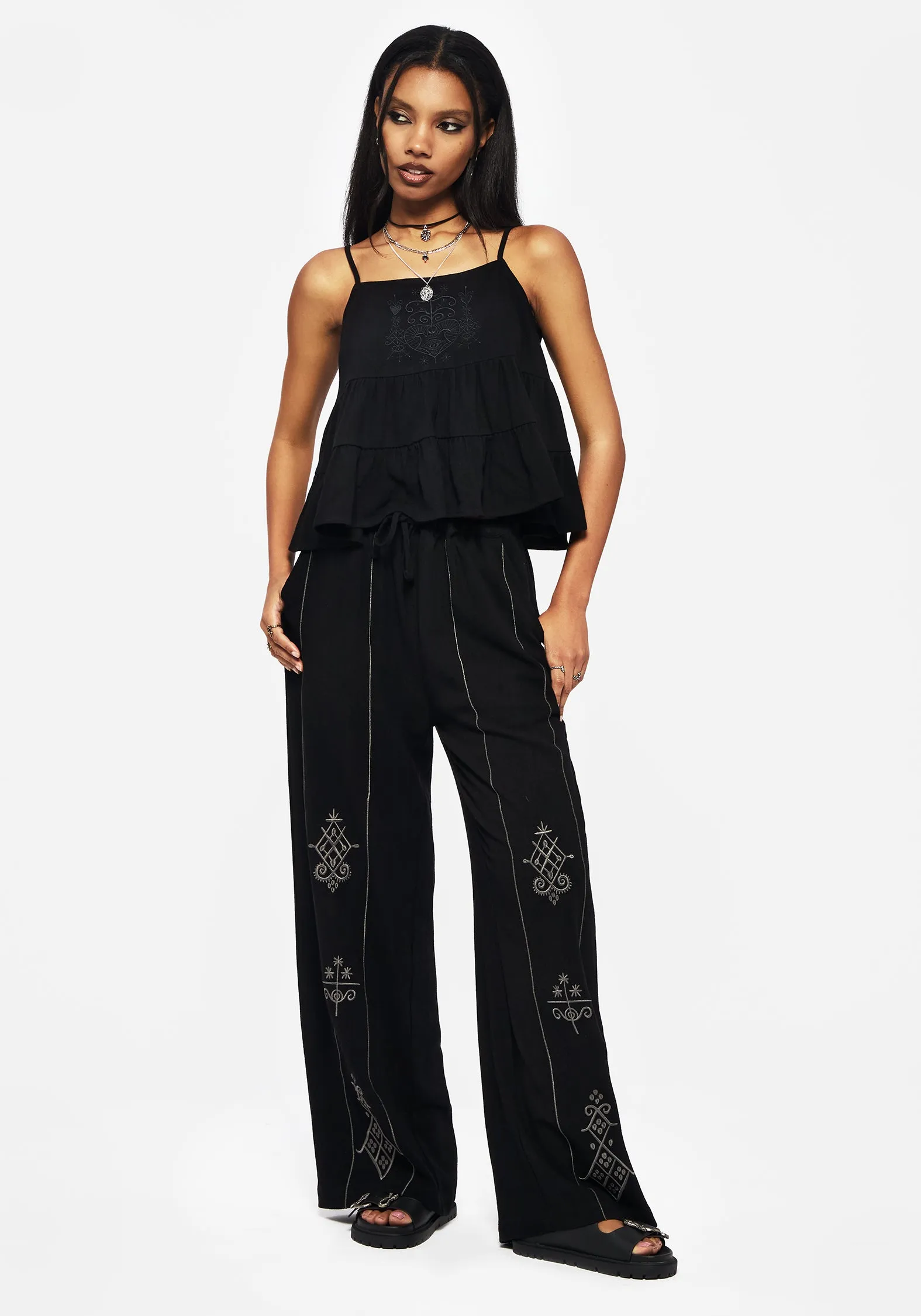 Cordata Linen-Blend Embroidered Tiered Cami Top - Black sold by Disturbia product image thumbnail 3