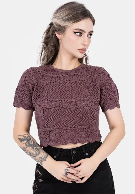 Hooked Pointelle Short Sleeve Crop Top - Purple sold by Disturbia