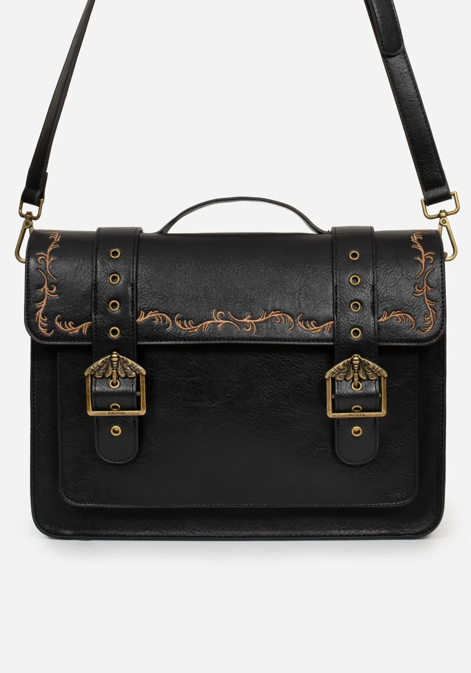 Calyptra Moth Buckle Vine Embroidered Satchel Bag - Black sold by Disturbia
