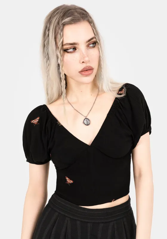 Copia Moth Embroidered Cotton Puff Sleeve Top sold by Disturbia