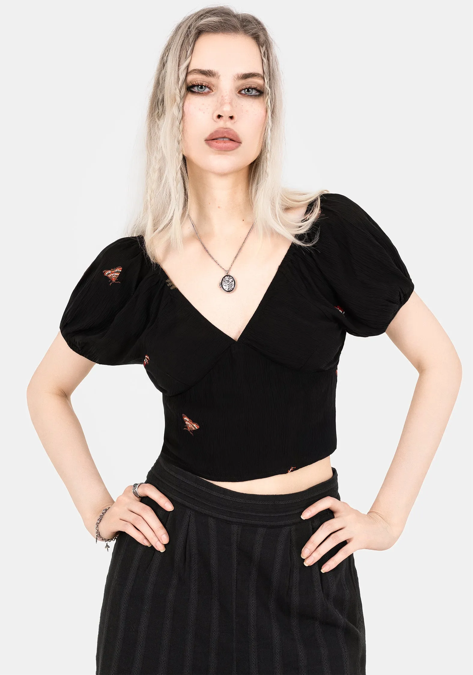 Copia Moth Embroidered Cotton Puff Sleeve Top sold by Disturbia product image thumbnail 5
