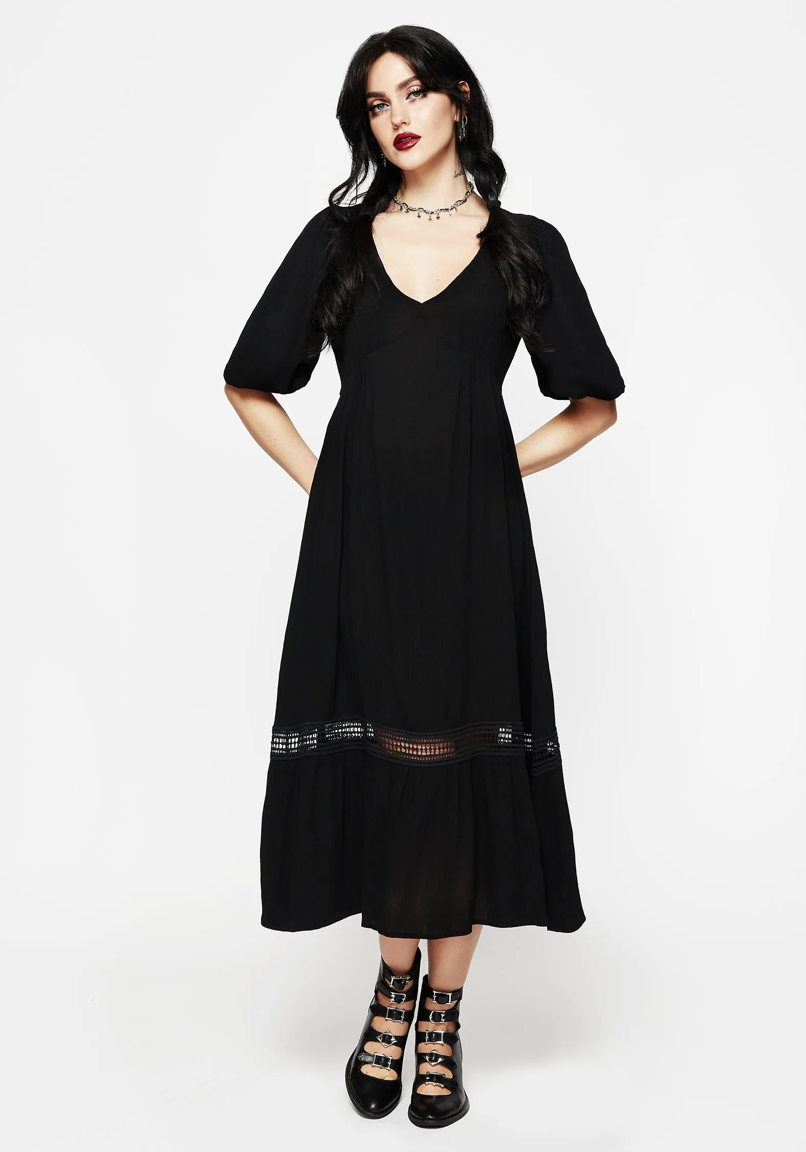 Mirage Lace Insert Puff Sleeve Maxi Dress sold by Disturbia
