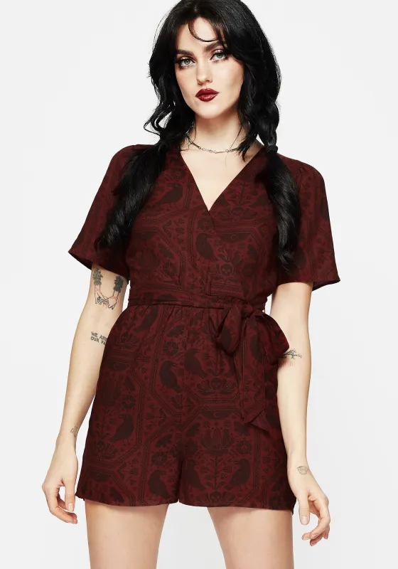Annabel Raven Print Tie Waist Playsuit - Rust sold by Disturbia