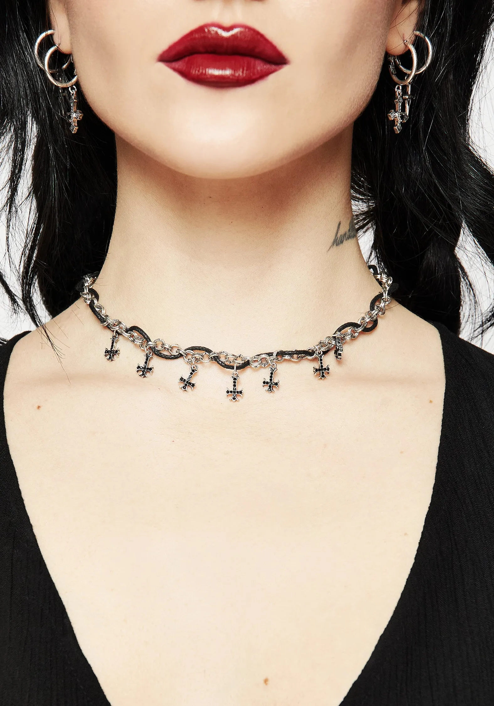 Catkin Cord Weave Cross Choker sold by Disturbia