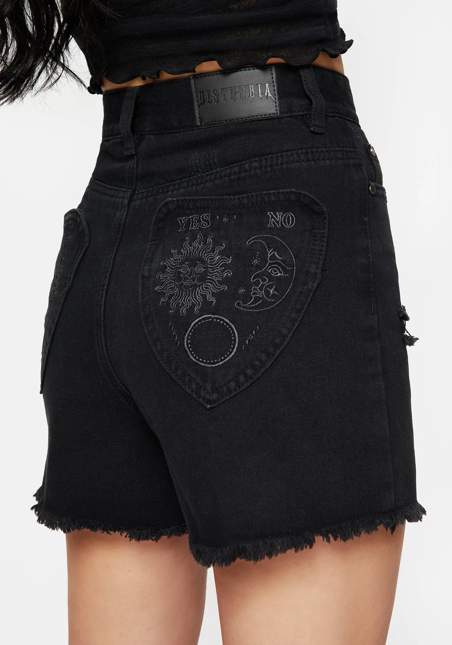 Planchette Embroidered Distressed Denim Shorts sold by Disturbia