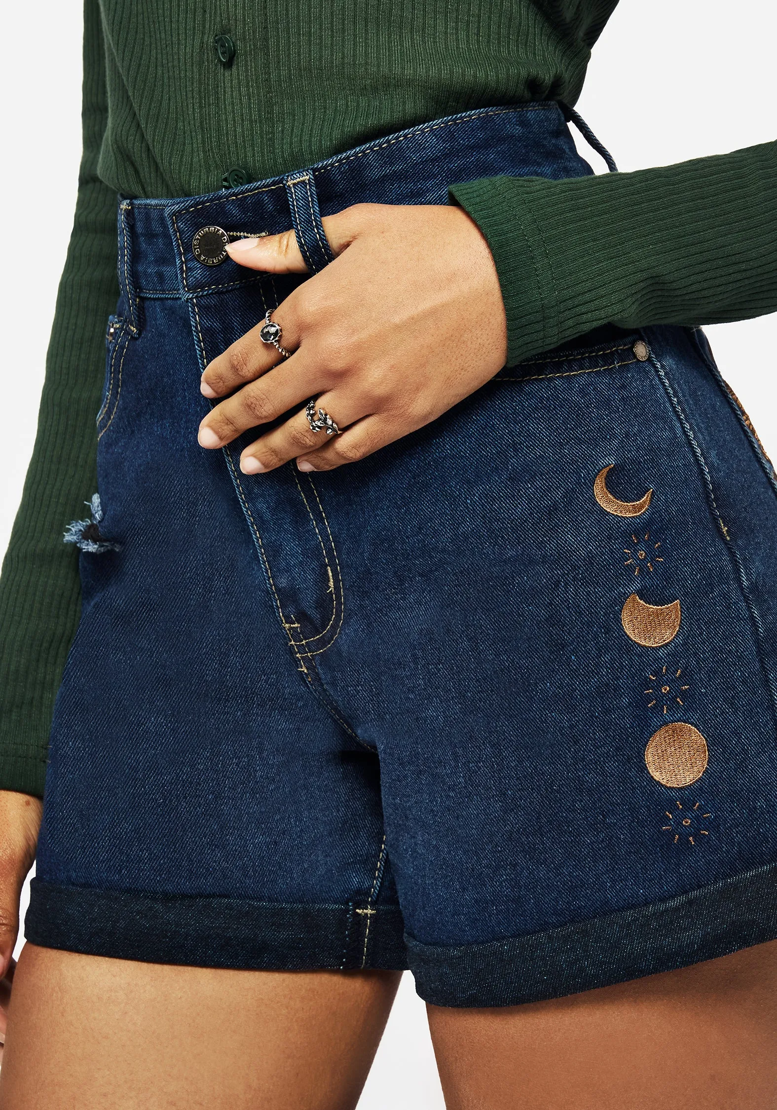 Griffinfly Embroidered Distressed Denim Blue Shorts sold by Disturbia product image thumbnail 5