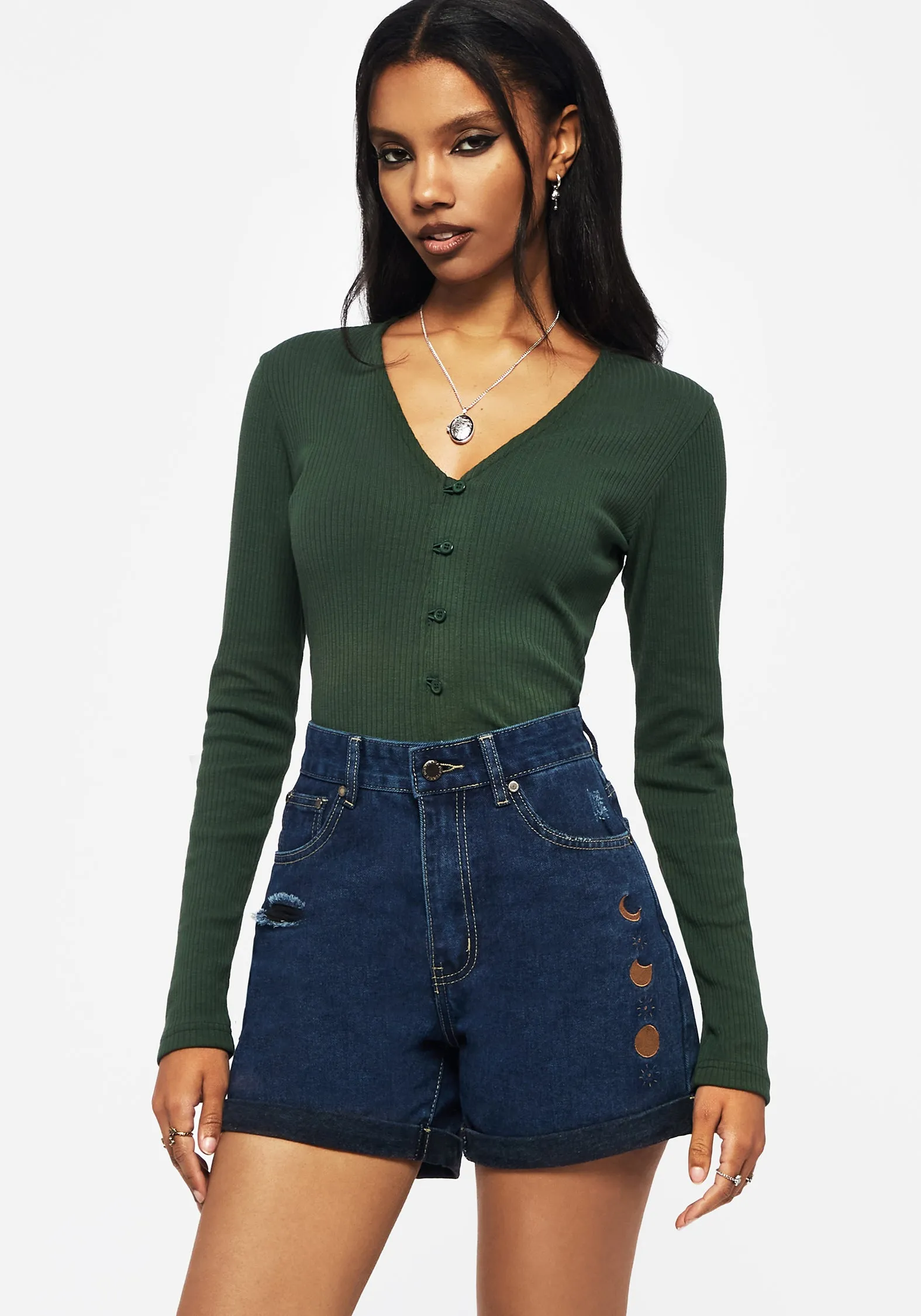 Griffinfly Embroidered Distressed Denim Shorts - Blue sold by Disturbia