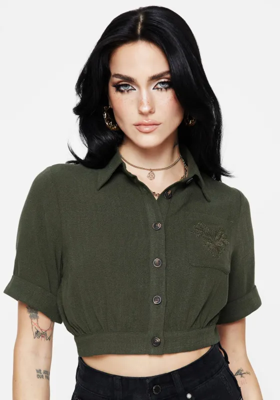 Foliate Linen-Blend Embroidered Short Sleeve Crop Shirt - Green sold by Disturbia