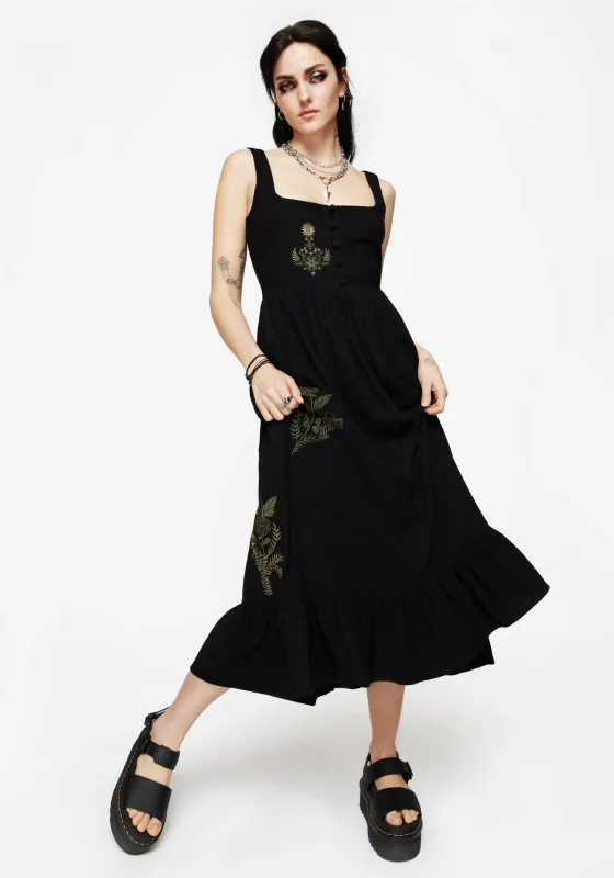 Foliate Linen-Blend Embroidered Sleeveless Midi Dress - Black sold by Disturbia