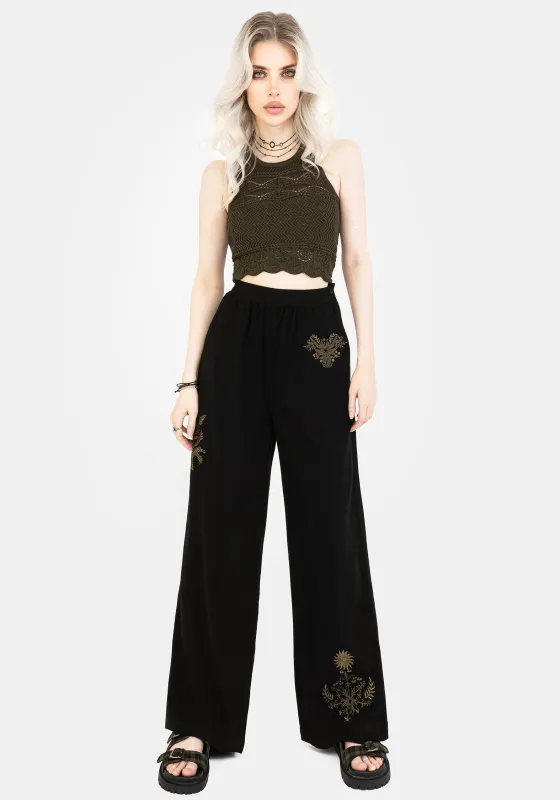 Foliate Linen-Blend Embroidered Wide Leg Trousers - Black sold by Disturbia