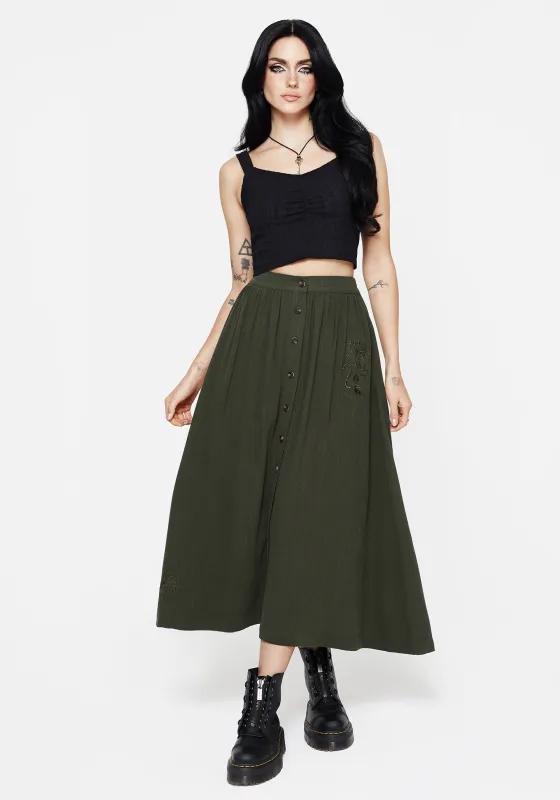 Foliate Linen-Blend Embroidered Button Up Midaxi Skirt - Green sold by Disturbia
