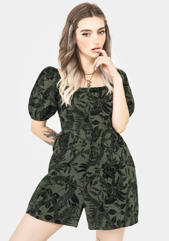 Bashe Cotton Puff Sleeve Playsuit - Green sold by Disturbia
