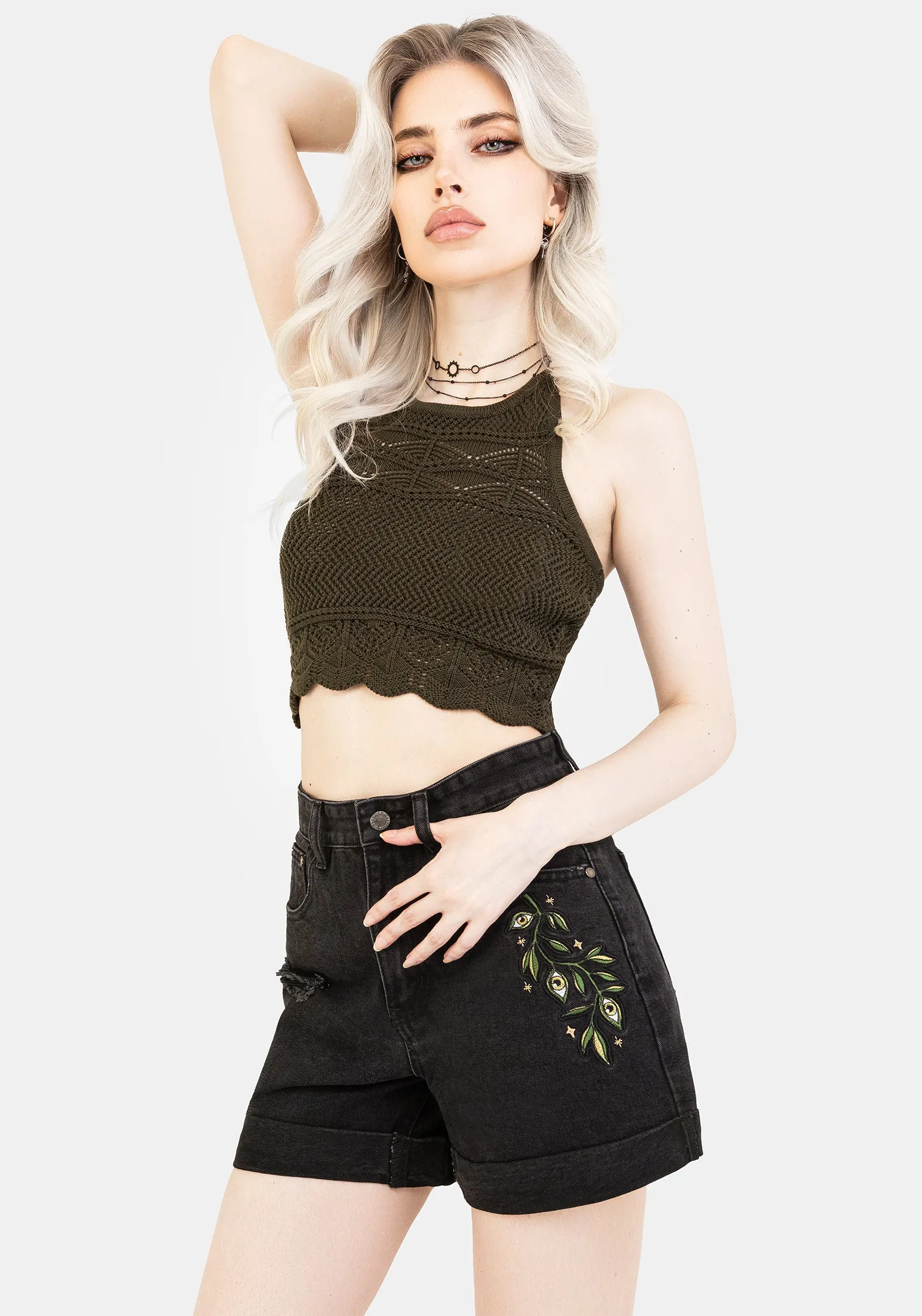 Swamplife Embroidered Denim Shorts sold by Disturbia