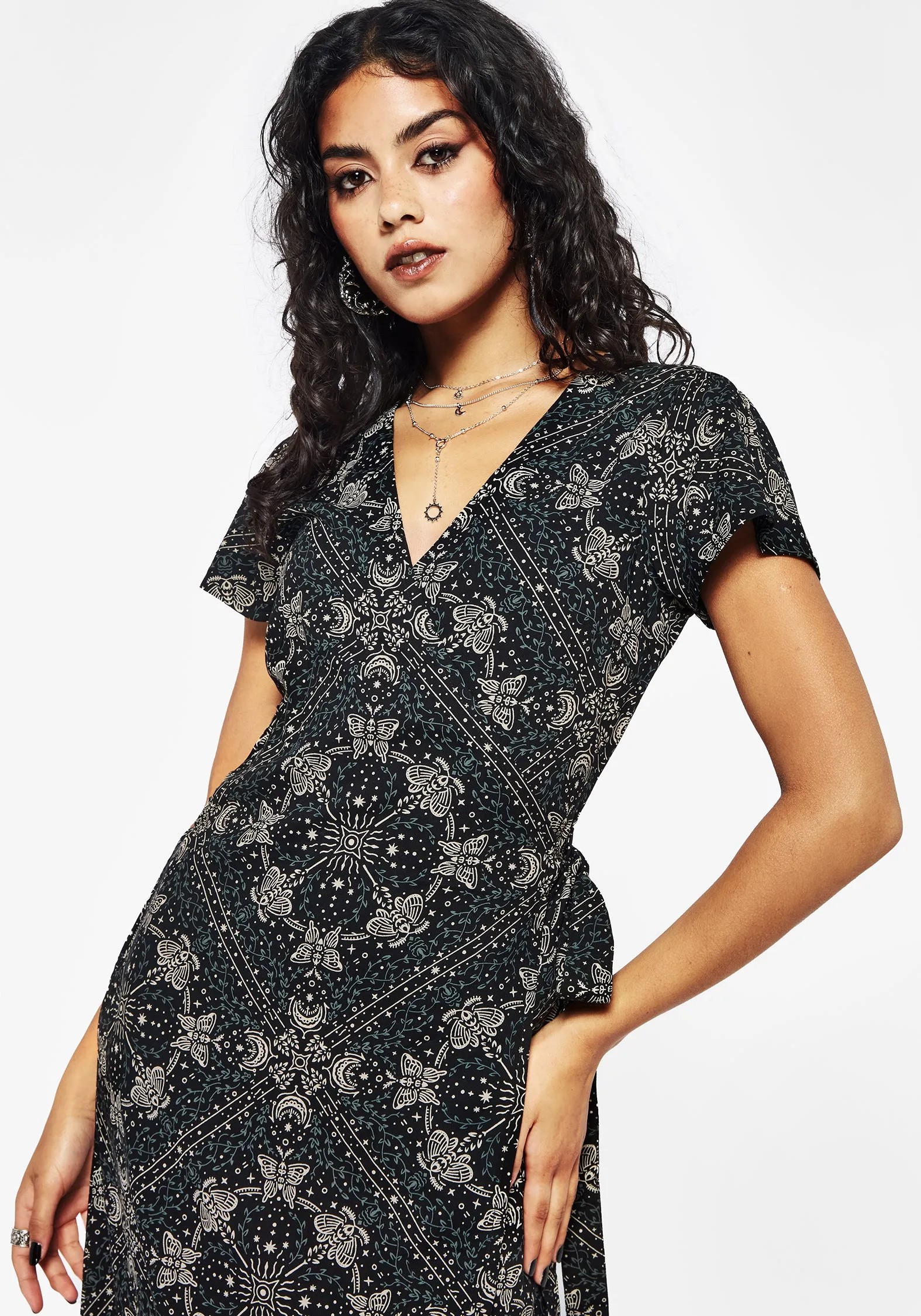 Poem Moth Print Wrap Midi Dress sold by Disturbia product image thumbnail 4