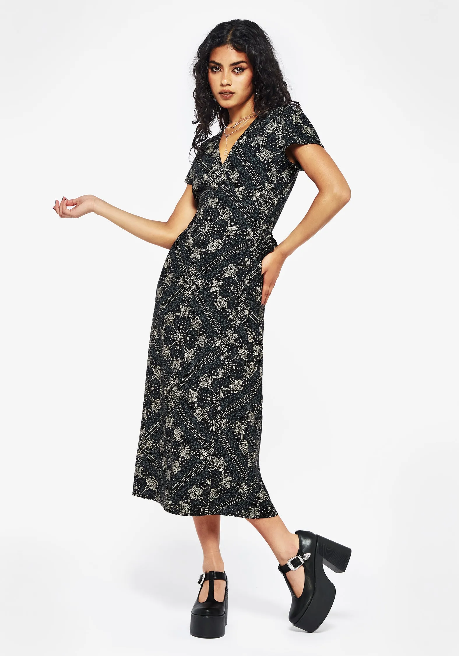 Poem Moth Print Wrap Midi Dress sold by Disturbia product image thumbnail 5