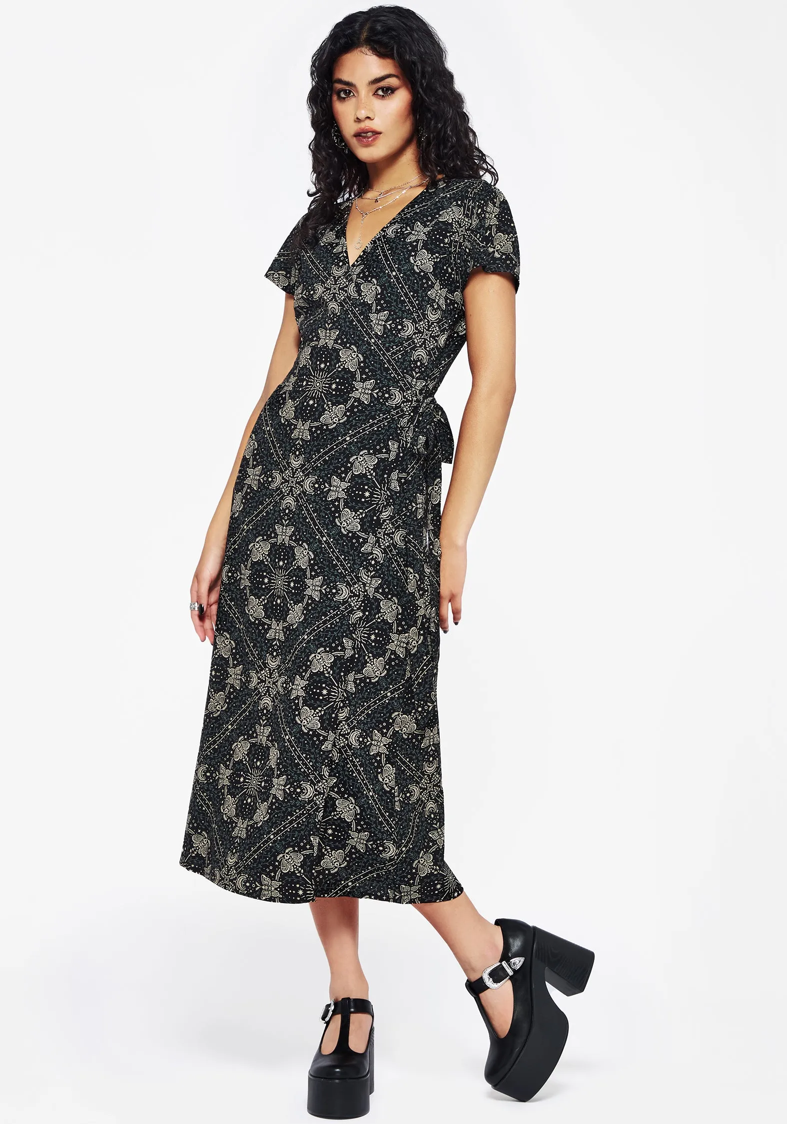 Poem Moth Print Wrap Midi Dress sold by Disturbia